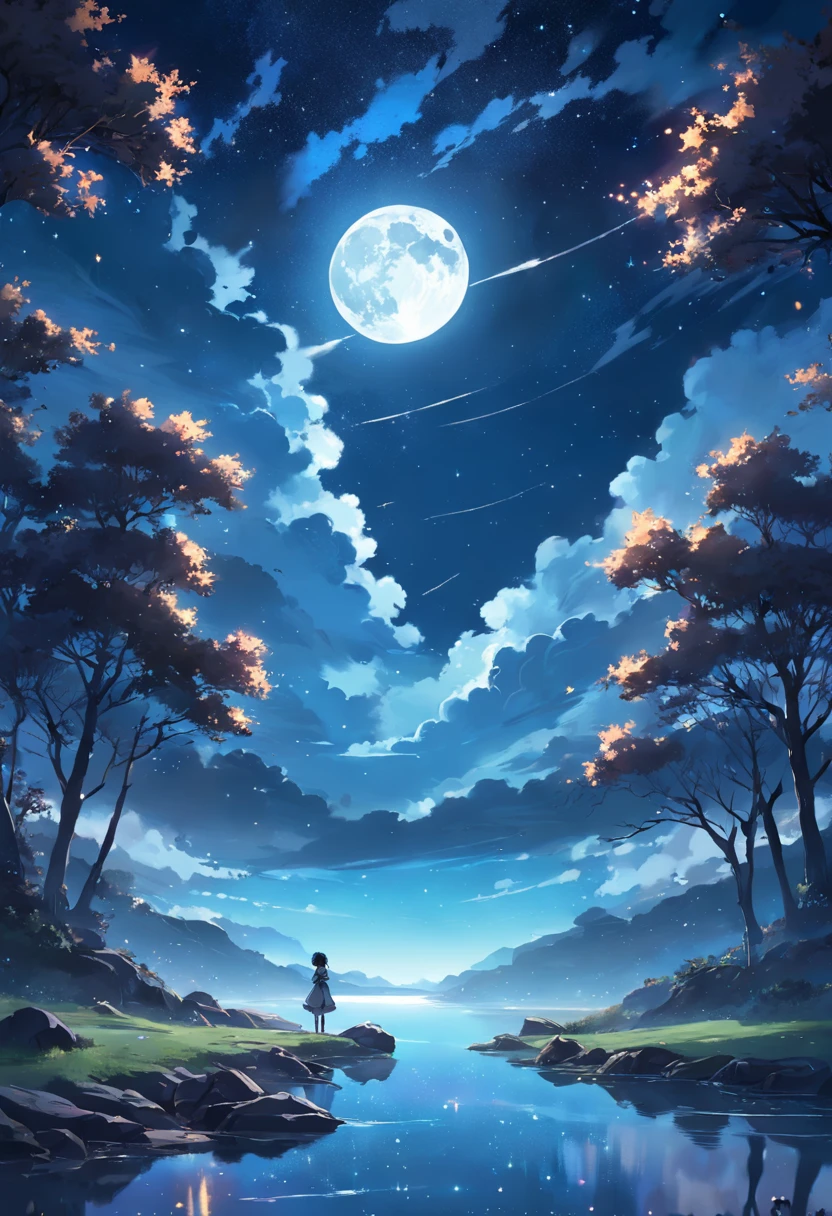 A painting of a river with stars and moon in the sky, concept art inspired by Tosa Mitsuoki, pixiv contest winner, best quality, fantasy art, beautiful anime scene, a bright moon, moonlit starry environment, dream painting, Anime Background Art, Fantasy Landscape Art, Fantasy Night, Anime Background, Background Artwork, Fantastic Art, Atmospheric Anime, Starry Sky, Detail Enhanced.