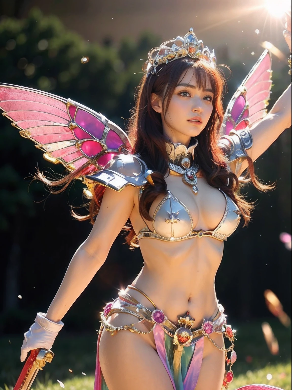 (A smile), Professional , masterpiece、top-quality、photos realistic , depth of fields (Gemstone White Metal Body:1.9),(Matte White Pink、Jewel Gold Weapon、(Gorgeous castle background)、(ultimate beauty girl)、(Rainbow fairy wings grow)、Particles of light、(Metal body of iridescent gemstones:1.9),Gorgeous Jewel Metal Weapons ,(maikurobikini)、 Detailed Sword of the Brave ,( Pink hair) ,warhammer 40k , adepta sororitas,Detail and ornate jewel crown、独奏、Brown hair、Mystical expression、cleavage of the breast、(Gangle's forest background)、Beautiful Caucasian beauty、1a person、dynamic ungle,(((Diamond tiara with detail and luxury)))、a small face、Powerful poses、(Gorgeous castle background)、huge filesize、20 year old beautiful woman、Stand in the center of the screen、Thin female fingers、Straight long hair、Beautiful Caucasian beauty、(maikurobikini)、Hair fluttering in the wind、Look at viewers、(Armpit)、Toostock、
