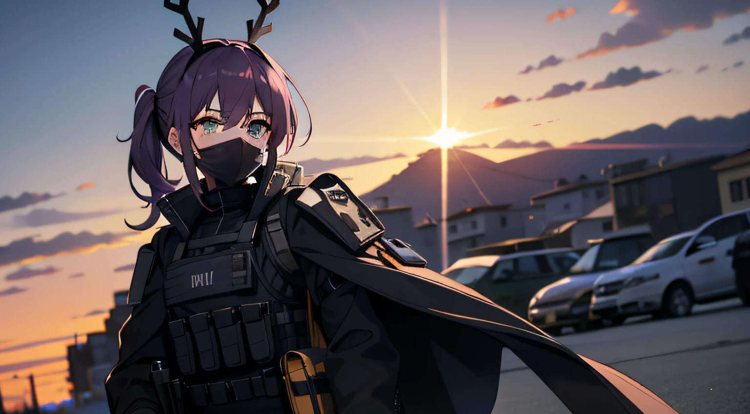 bulletproof vest,tactical vest,Wear a medical mask,beachside,the setting sun,Purple double ponytail hairstyle,Wear a Christmas reindeer headdress,Green eyes,Black tweed coat,black lence stockings,Carrying a small school bag,Wear a medical mask