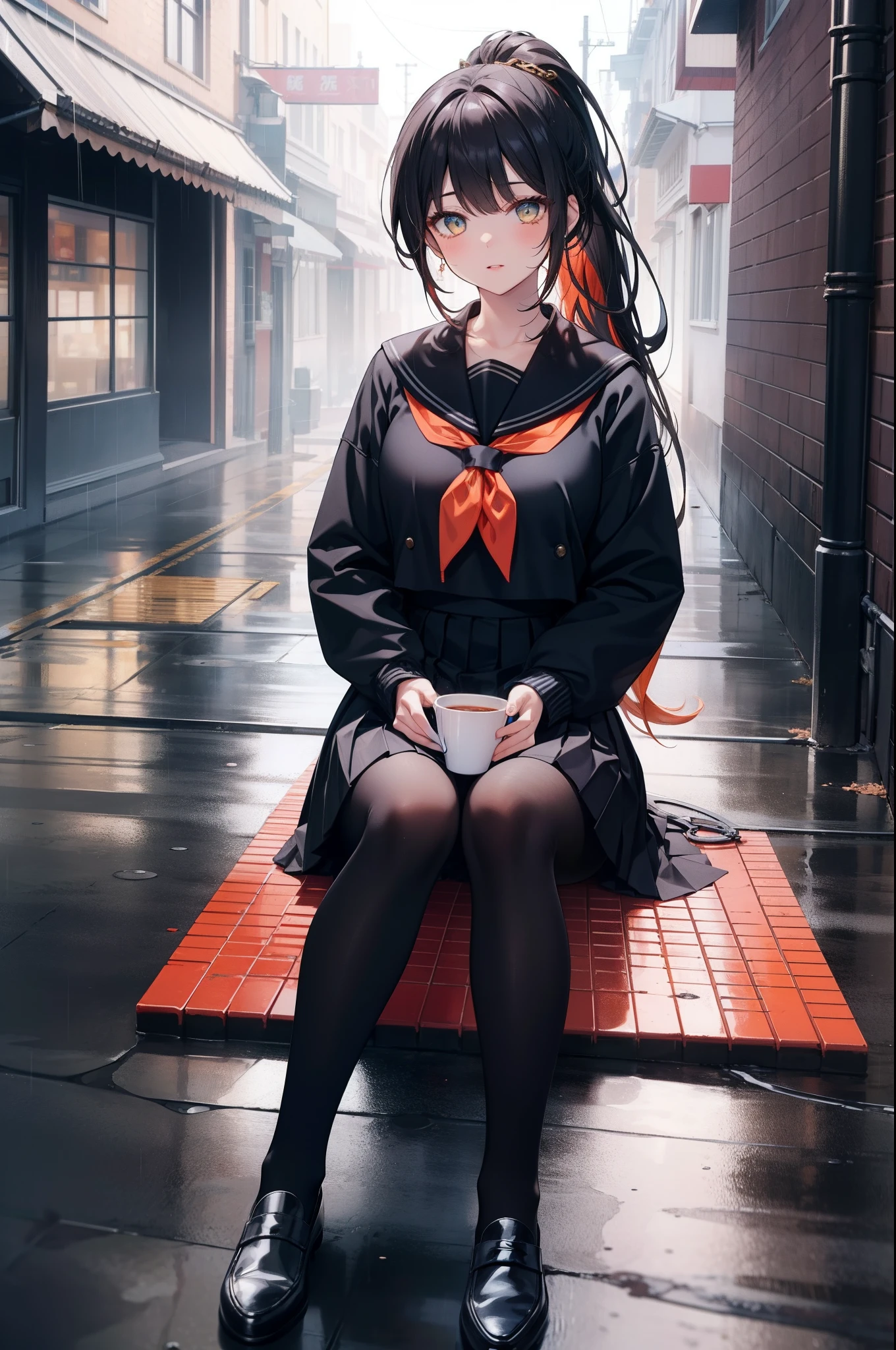 highlydetailed, ultra-detailed, black hair, (ponytail : 1.2), long hair, (orange hair accessory : 0.7), amber eyes, (beautiful girl), bangs, princess hairstyle,black footwear, black legwear, blue sailor collar, blue skirt, brick wall, , building, chain-link fence, cosplay photo, cup, fence, holding umbrella, lips, loafers, long hair, neckerchief, outdoors, pantyhose, pleated skirt, rain, red neckerchief, rooftop, sailor collar, school uniform, serafuku, shoes, sitting, skirt, solo, tile floor, tile wall, tiles, transparent umbrella, Full Length Shot(FLS),