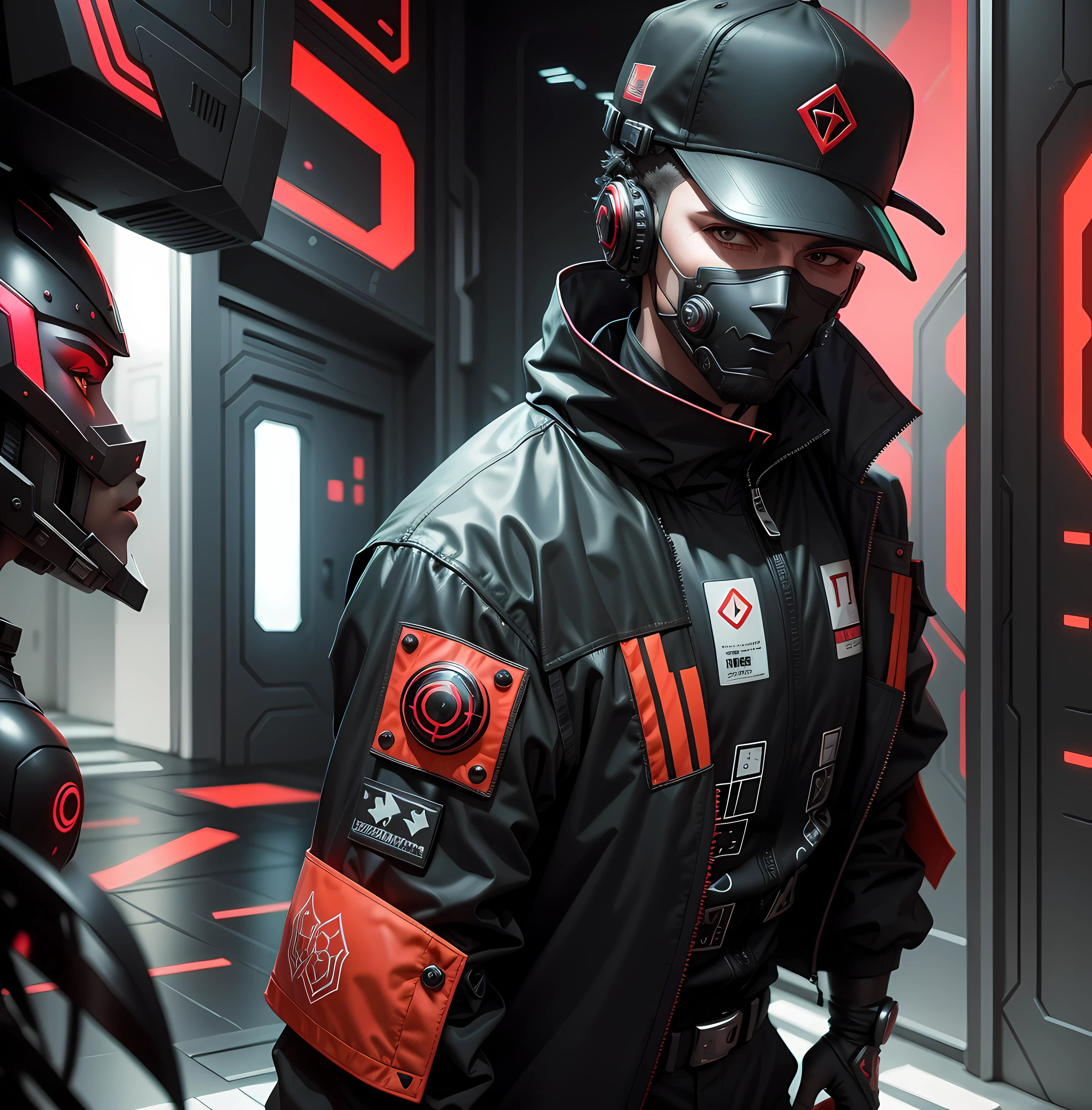 Um homem com traje futurista estilo cyberpunk,  traje vermelho e preto, with futuristic style baiseball cap,  autoretrato realista altamente detalhada, em fundo raios estilo abstrato,  em cores vivas, cores vibrantes