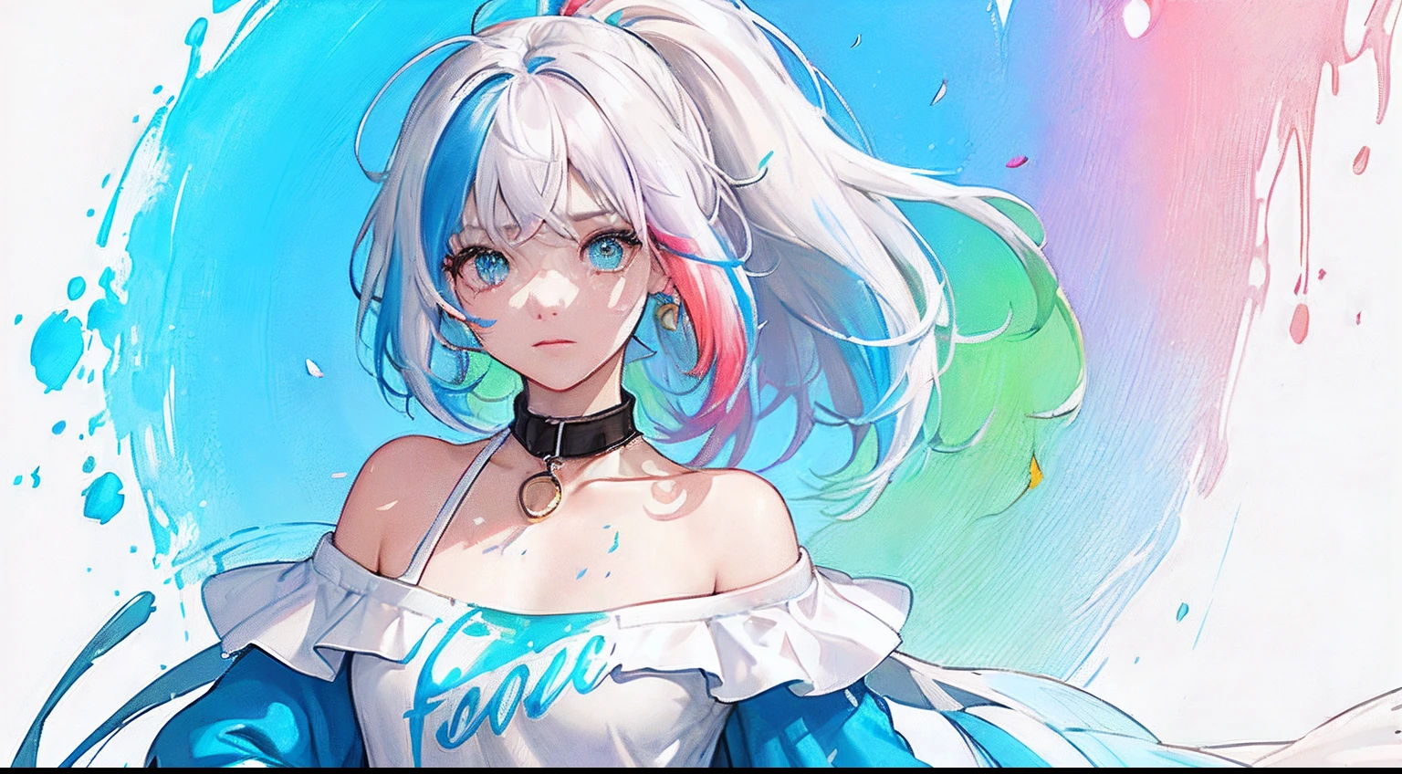 (Pink Fashion T-shirt:1.9),(Colorful hair: 1.8), (all the colours of the rainbow: 1.8),(((((vertical painting:1.6))), (painting:1.6),front, comics, illustrations, paintings, large eyes, crystal clear eyes,( rainbow color gradient high ponytail:1.7), exquisite makeup, closed mouth,(Small Fresh: 1.5),(Wipe Chest: 1.6) ,long eyelashes, white off shoulder T-shirt, White Shoulder Shirt,looking at the audience, large watery eyes, (rainbow colored hair:1.6), color splash, (solo:1.8), color splash, color explosion, thick paint style, messy lines, ((shining)),(colorful), (colorful), (colorful), colorful, Thick Paint Style, (Splash) (Color Splash), Vertical Painting, Upper Body, Paint Splash, Acrylic Pigment, Gradient, Paint, Highest Image Quality, Highest Quality, Masterpiece, Solo, Depth of Field, Face Paint, colorful clothes, (Elegant: 1.2), gorgeous,long hair, wind, (Elegant: 1.3), (Petals: 1.4),(((masterpiece))),(((best quality))),((ultra-detailed)),(illustration),(dynamic angle),((floating)),(paint),((disheveled hair)),(solo),(1girl) , (((detailed anima face))),((beautiful detailed face)),collar,bare shoulders,white hair, ((colorful hair)),((streaked hair)),beautiful detailed eyes,(Gradient color eyes),(((colorful eyes))),(((colorful background))),(((high saturation))),(((surrounded by colorful splashes))),