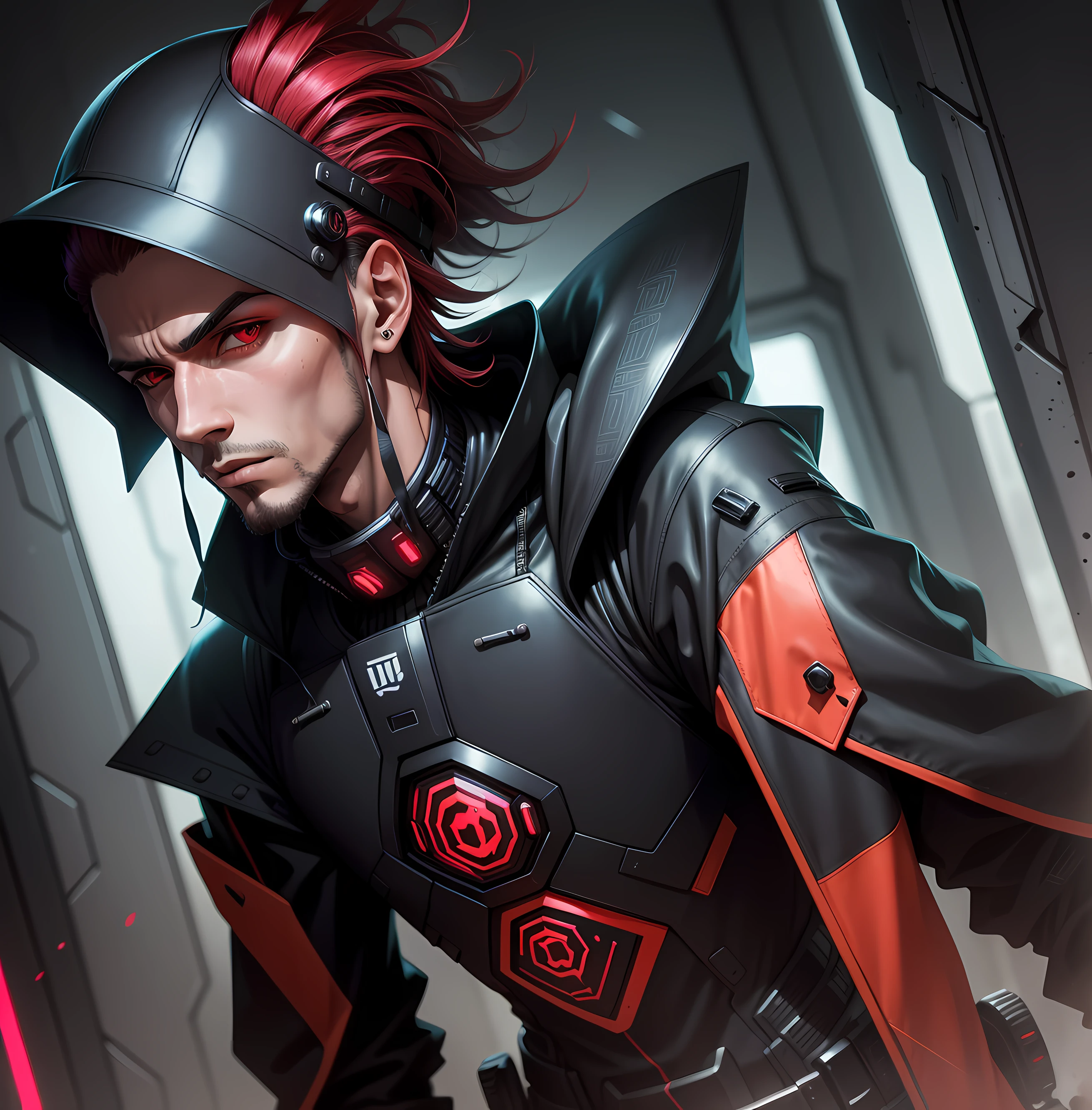 Um homem com traje futurista estilo cyberpunk, traje vermelho e preto, with futuristic style baiseball cap, autoretrato realista altamente detalhada, em fundo raios estilo abstrato, em cores vivas, cores vibrantes