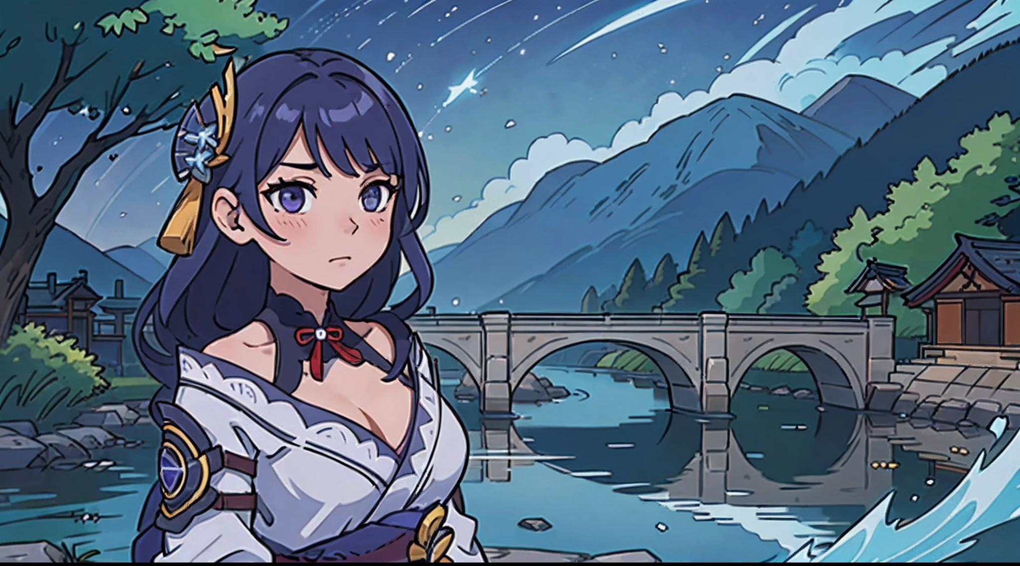 (melhor qualidade: 0.8), (melhor qualidade: 0.8), Perfect anime illustration, beautiful sky, very much detailed, a flower garden, a big river flowing far, bluish vibe. greenish vibe. genshin impact environment, raiden shogun, more than half body, NSFW, hot, moody vibe, looking at the viewer, blush, detailed face, detailed outfit.