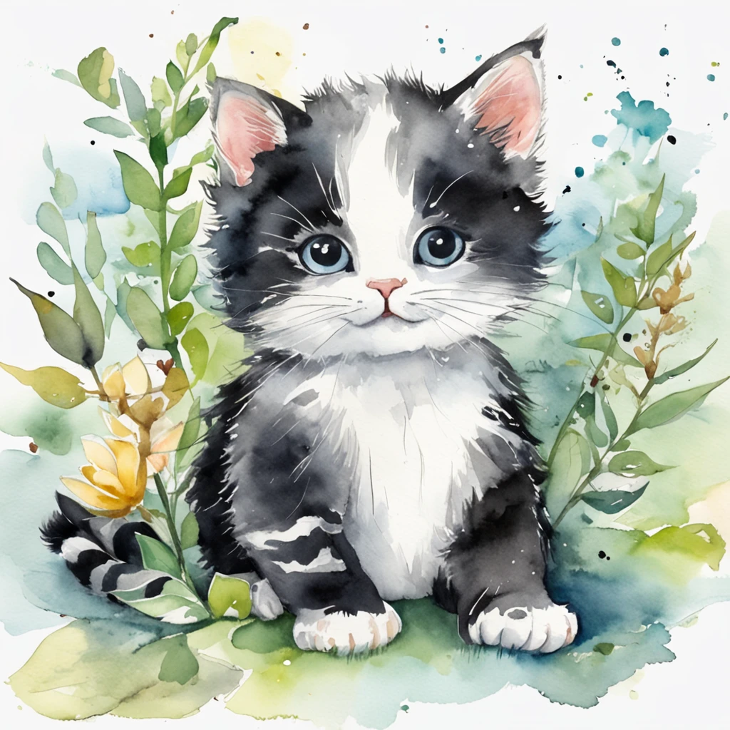 Black and white kitten、Cute Baby Turtle、Fluffy bristles、illustratio、watercolor paiting、coloring book
