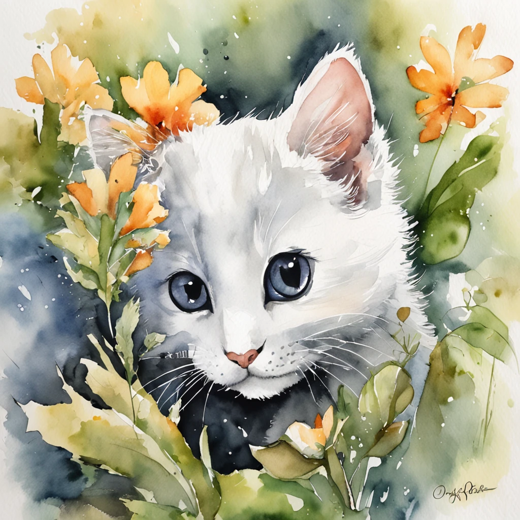 Black and white kitten、Cute Baby Turtle、Fluffy bristles、illustratio、watercolor paiting、coloring book