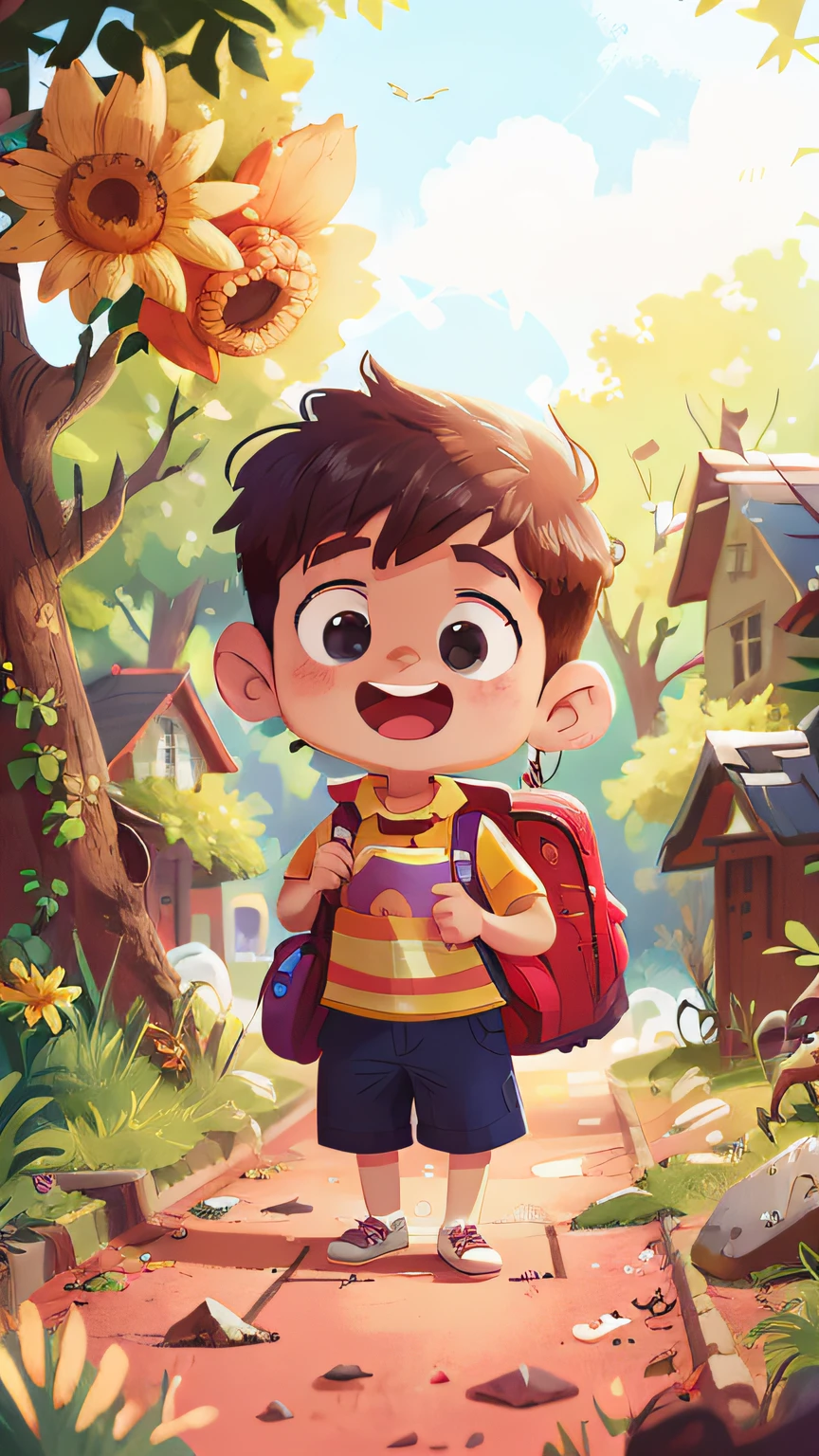 A boy carrying a school bag ran head-on,School playground,cheerfulness,Rejoice,Perfect quality,Clear focus(Clutter - home:0.8), (tmasterpiece:1.2) (realisticlying:1.2) (Bokeh) (best qualtiy) (detailedskin:1.3) (complexdetails) (8K) (detailedeyes) (Sharp focus),(having fun)(The character is in the upper part of the picture