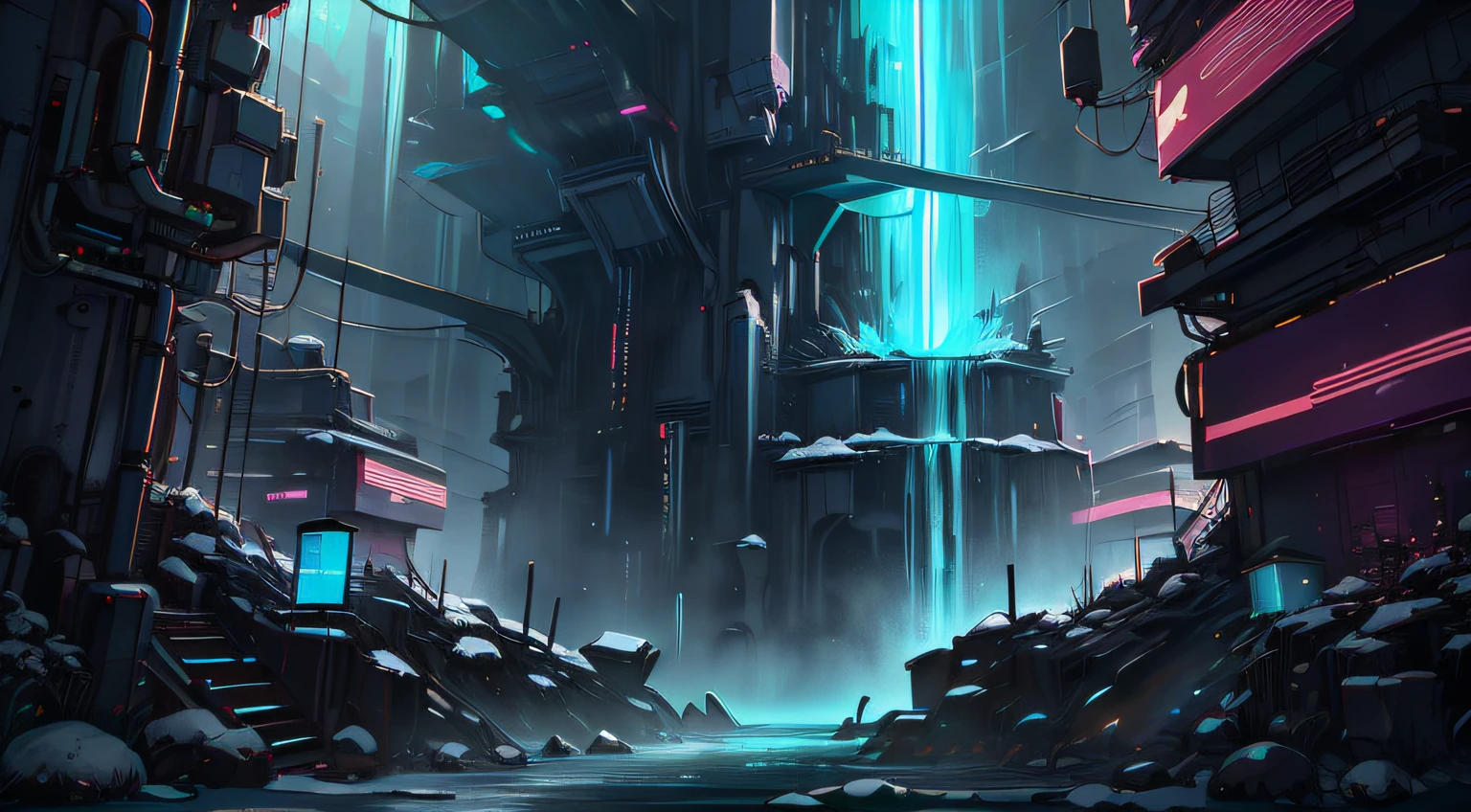 CyberpunkAI,neonlight,,
(Highly detailed:1.3),
The Frostfire Falls, a magnificent waterfall frozen in time, Its cascading waters turn into glittering ice sculptures,Exudes an otherworldly blue flame,hyper-detailing,(A high resolution:1.1),Best quality,(Masterpiece:1.3),Cinematic lighting,