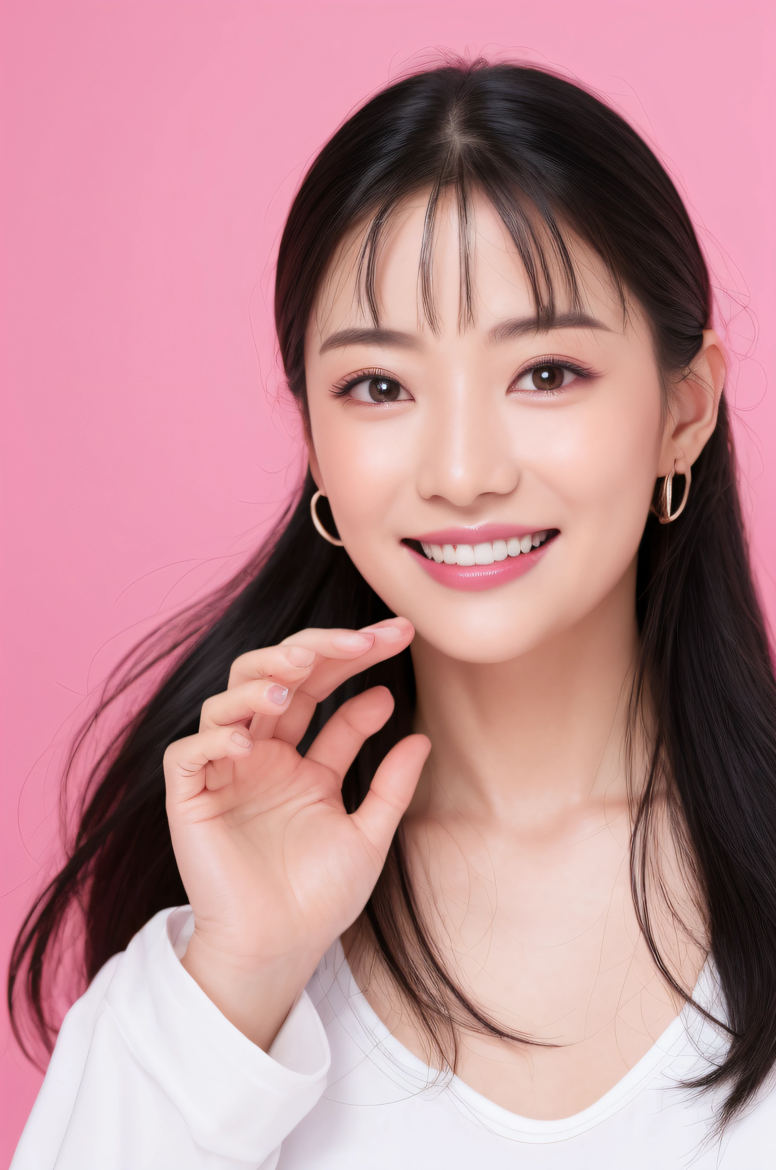 Female, 70 years old、Black hair、wrinkled、Wrinkles、beautidful eyes、authentic skin、real looking skin、A detailed eye、Adults、(8K、​masterpiece:1.2)、(reallistic、Photorealsitic)、top-quality、realisitic、ighly detailed、Beautie、独奏、A Japanese Lady。a smile。ssmile。Wears a white shirt。Close-up portrait。Healthy face。Skin Care Cosmetics。Bright pink background。