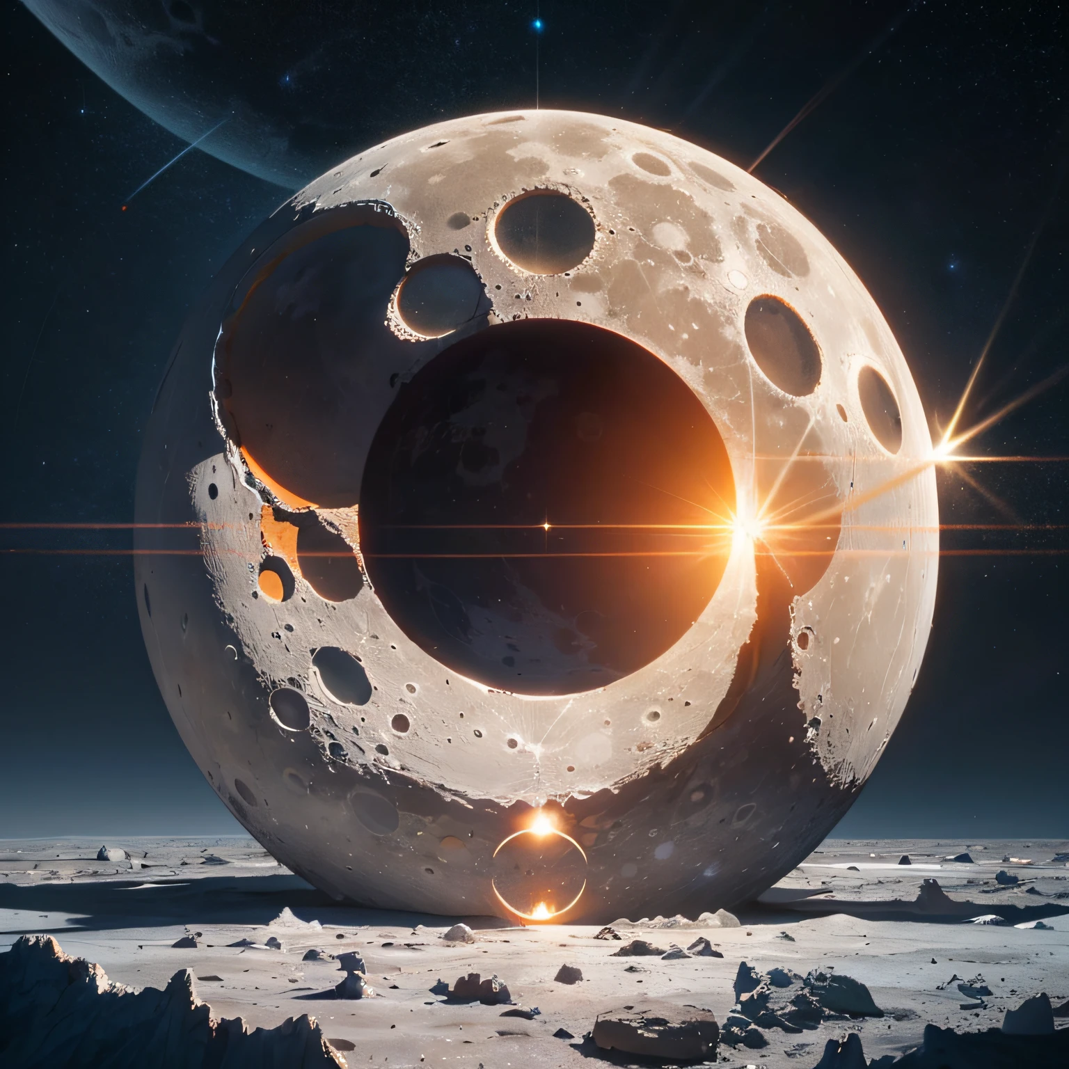 A huge structure on the moon made of metal, Precise ring shape, Light absorbed from the sun gathers in the center of the ring, You can see the earth, moon and sun,