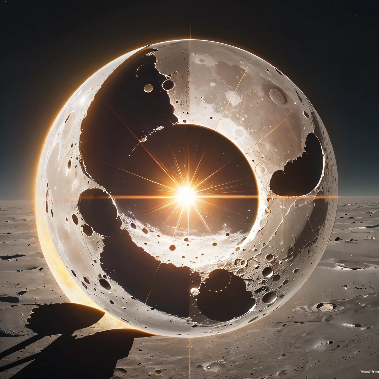 A huge structure on the moon made of metal, Precise ring shape, Light absorbed from the sun gathers in the center of the ring, You can see the earth, moon and sun,