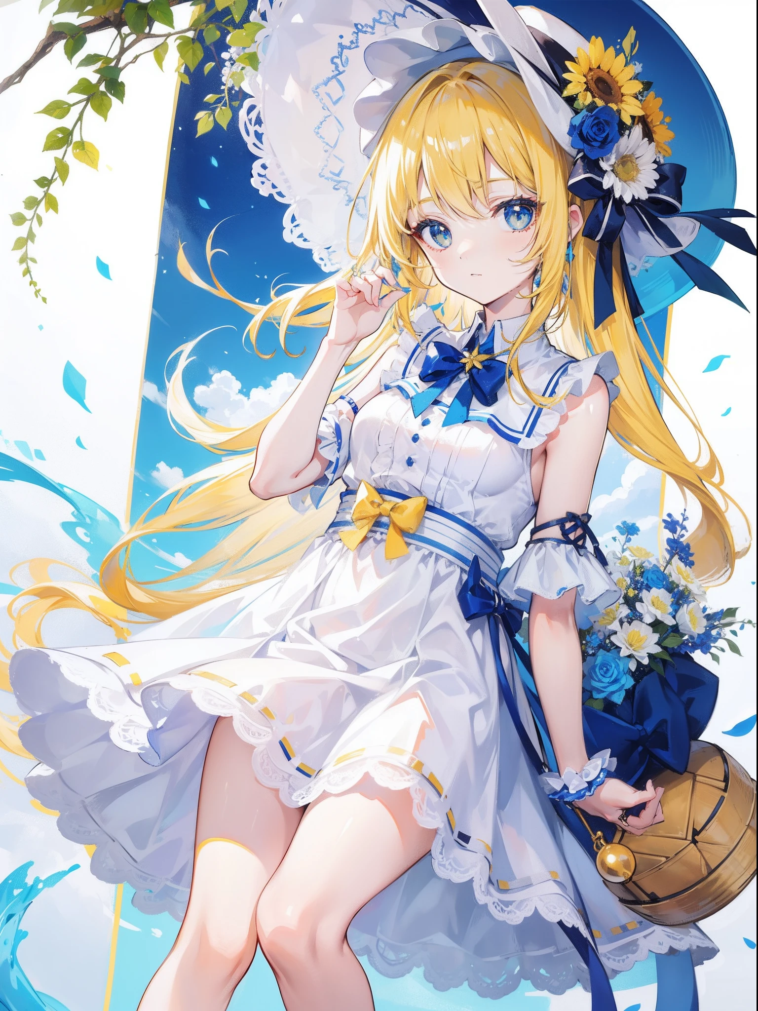 tmasterpiece,Highest image quality,1girll,Yellow hair,blue color eyes,bucket-hat,White slip dress,Bow knot,flower sea