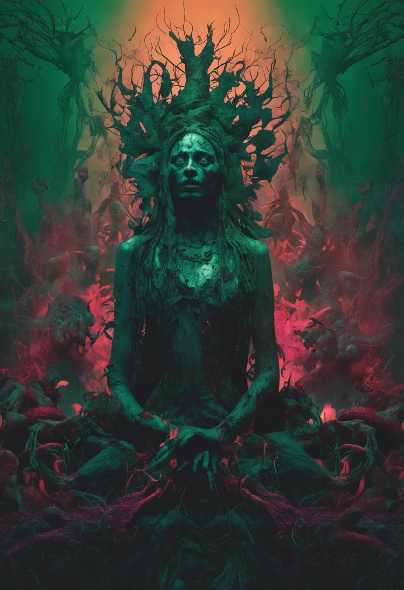 The ritual of cursing the queen, The depressive side of human nature, Alberto Seveso, art stations, Dark, and a highly detailed digital painting of a group of necromancers summoning powerful undead creatures, With a green glow and mysterious symbols in the background,With the artistic style of Ztyslav Beksiński and Wayne Barlow, The image should have a clear focus, Intricate details, And became a trend on ArtStation.