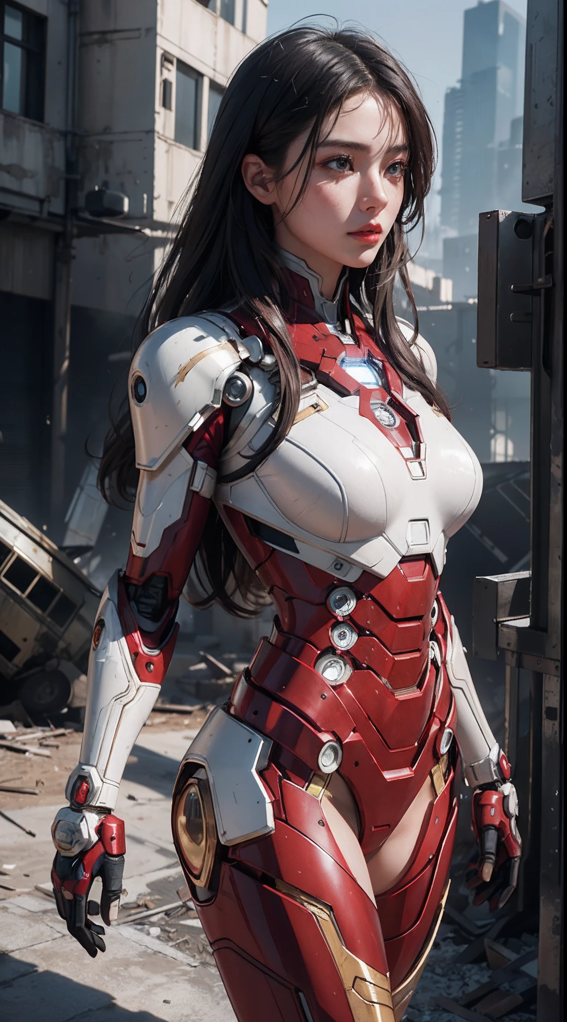primitive, Masterpiece, ultra fine photos,, Best quality, 超高分辨率, Photorealistic, Sunlight, Full body portrait, stunningly beautiful,, dynamicposes, Delicate face, Vibrant eyes, (Side view) , she wears a futuristic Iron Man mecha, Red and gold color scheme, Highly detailed abandoned warehouse background, Detailed face, Detailed and complex busy background, Messy, Gorgeous, Milky white, Sexy design, highdetailskin, Realistic skin details, Visible pores , Sharp focus, volume fog, 8K UHD, SLR camera, High quality, filmgrain, Fair skin, Photorealism, DL, sprawling metropolis in futuristic dystopia, View from below, Translucent