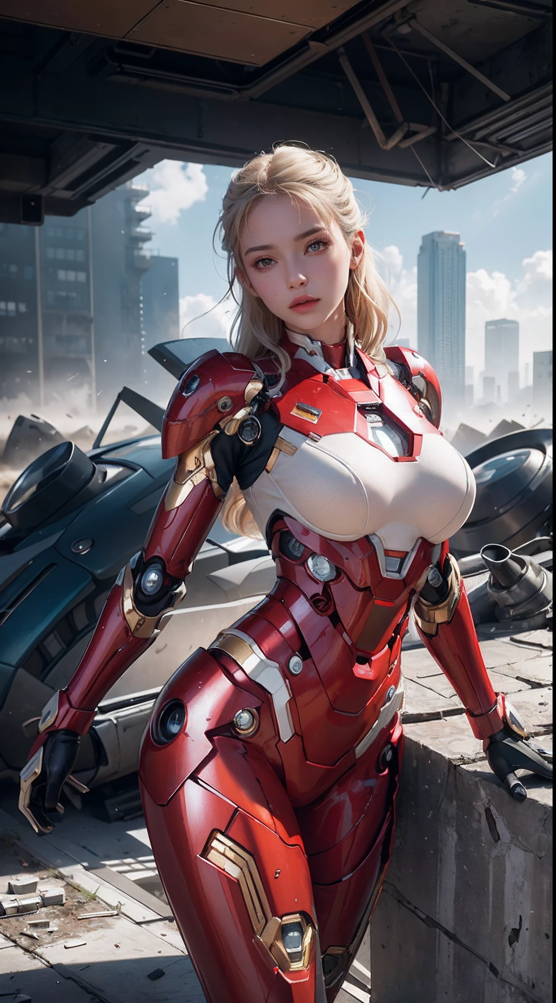 (1girl:1.3), solo,__body-parts__, official art, unity 8k wallpaper, ultra detailed, beautiful and aesthetic, beautiful, masterpiece, best quality, RAW, masterpiece, super fine photo,, best quality, super high Resolution, photorealistic, sunlight, full body portrait, stunningly beautiful,, dynamic pose, delicate face, vibrant eyes, (side view), she is wearing a futuristic Iron Man mech, red and gold, Highly detailed abandoned warehouse background, detailed face, detailed complex busy background, messy, gorgeous, milky, high detailed skin, realistic skin details, visible pores, sharp focus, volumetric fog, 8k uhd, dslr camera, High quality, film grain, fair skin, photorealism, lomography, sprawling metropolis in a futuristic dystopia, view from below, translucent