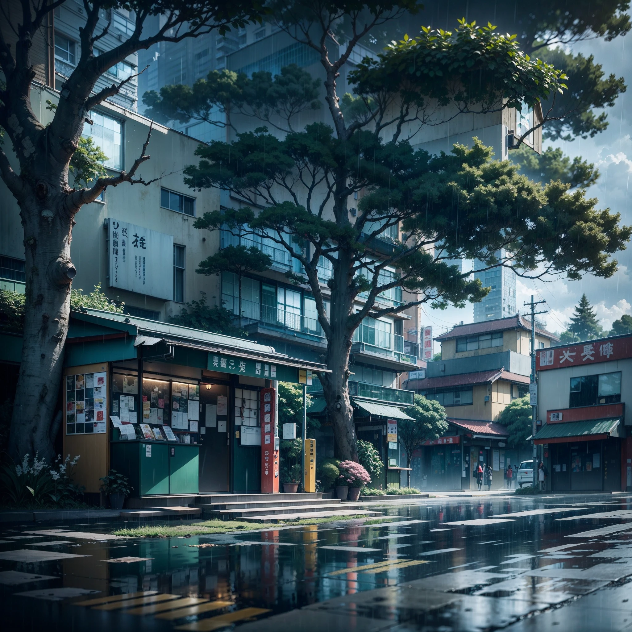 raining, gloomy weather. Japanese bus stop, surrounded by trees and vegetation on one side of the street and modern japanese buildings on the other side. Best quality. No one in sight. Anime. Anime style. lofi. dramatic weather. wide view, wide angle. Next to street. Modern village