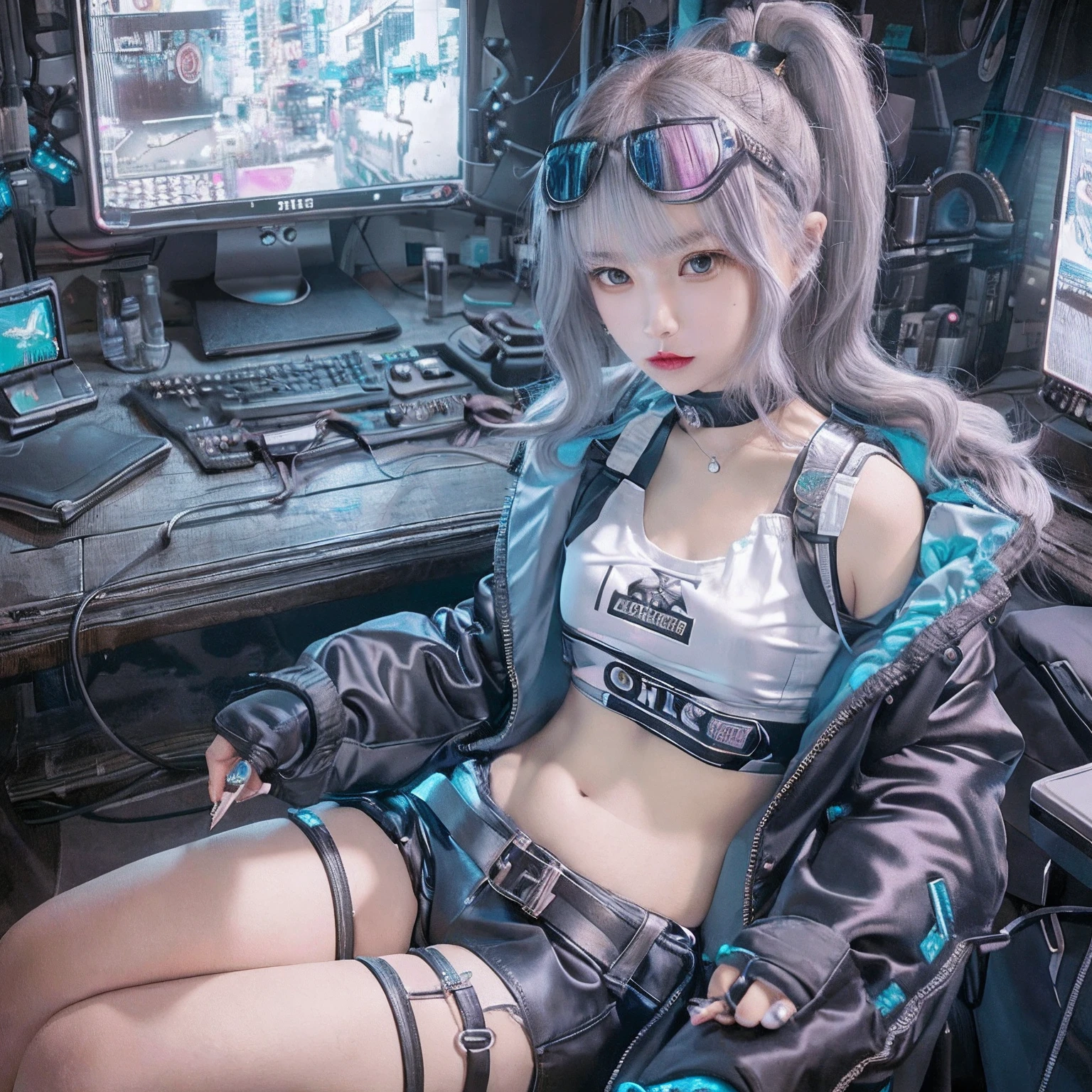 nsfw, 8k, best quality, highres, realistic, real person, A gamer's room illuminated by cool neon lights, featuring a twin-tailed, glasses-wearing otaku girl engaged in video streaming or gaming. The room is filled with various gaming paraphernalia, such as multiple monitors, gaming keyboard, and headphones. The neon lights cast colorful glows on the walls and the girl, highlighting her twin-tailed hairstyle and glasses. The girl is focused on her screen, immersed in her gaming world, surrounded by a vibrant and lively gaming atmosphere, Big breasts, cleavage, beautiful legs, long legs, gorgeous magic wand
