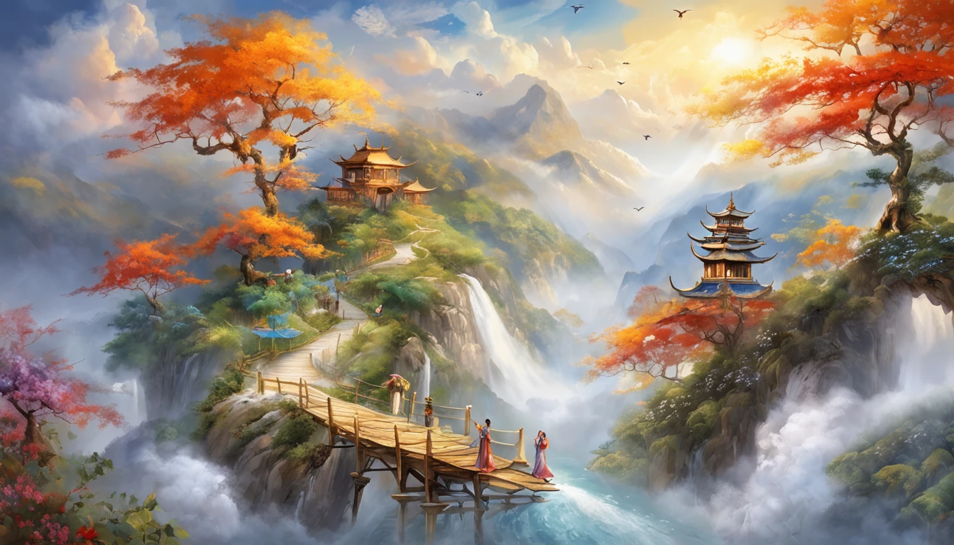1 Chinese fairy flying over the white clouds, Flowers and running water, The divine realm of the gods, Paradise in the Mist!!!!!!!!, Divine light, super detailing, esoteric equation heaven, Breathtaking, breathtaking art, Everything that floats in the sky, afofuturism, A high resolution, --No boats