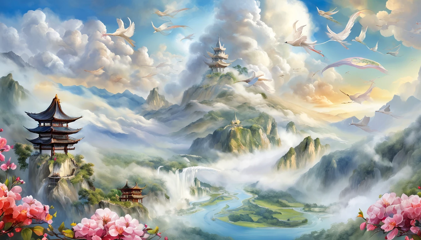 1 Chinese fairy flying over the white clouds, Flowers and running water, The divine realm of the gods, Paradise in the Mist!!!!!!!!, Divine light, super detailing, esoteric equation heaven, Breathtaking, breathtaking art, Everything that floats in the sky, afofuturism, A high resolution, --No boats