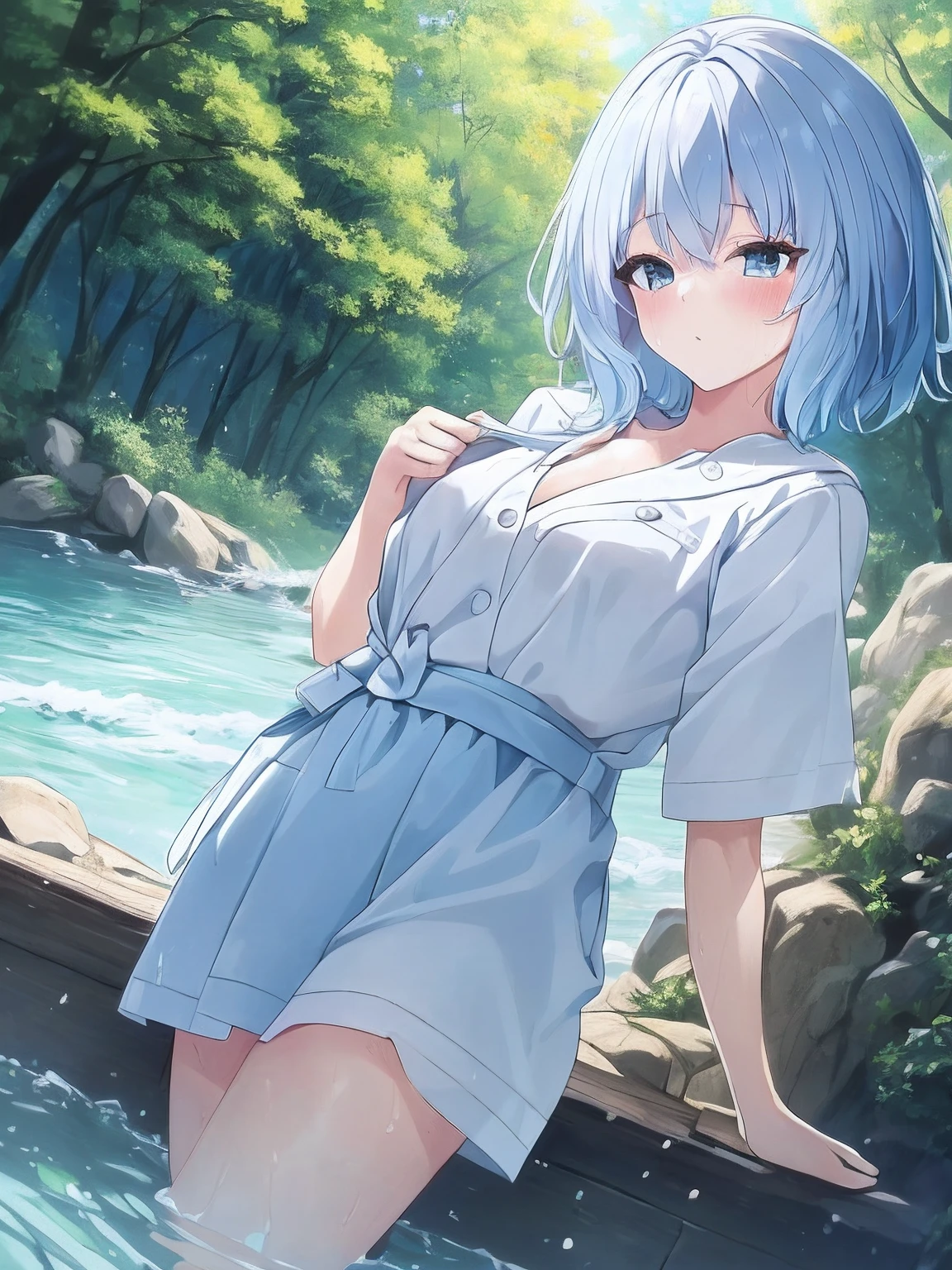 very short length white shirts with open chest,suspended congress,((masutepiece)), ((Best Quality)), 8K, detaileds, Ultra-detailed, Detailed and Intricicated, 1girl in, blue and white hair , River, forest, vivd colour,Bathing in water、
