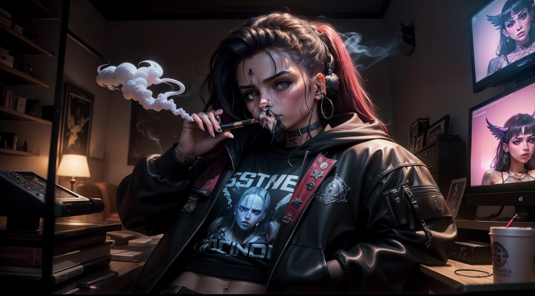 Tabagismo, cigarro, smoking hookah, Tabagismo, electronic cigarette, pode, vape, mulher, gostosa, Egirl, 26 anos, viver machuca, triste, moletom, auricular, studio, music, sentado, Cyberpunk, triste, Escuro, trevas, fogo, Inferno, apocalipse, FALLEN ANGEL, Demon, fim do mundo, - Deserto Escuro, noite triste, triste, pensativo, Pensamento, raciocinando, imaginando, triste, tristeza, brisa