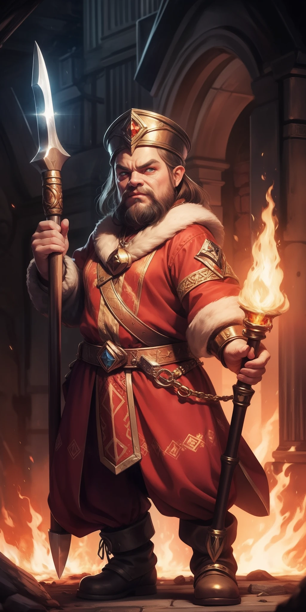 A dwarf with fiery eyes, With a huge magic hammer, Metallic skin