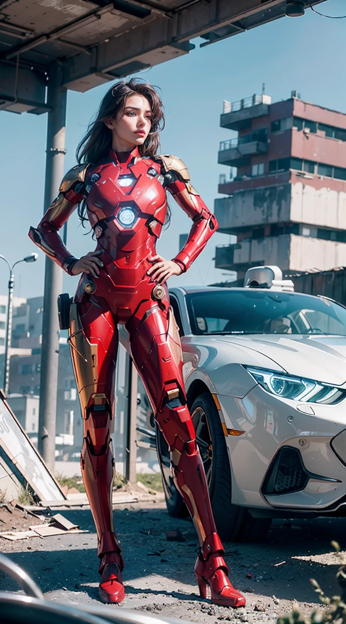 RAW, Masterpiece, Ultra Fine Photo,, Best Quality, Ultra High Resolution, Photorealistic, Sunlight, Full Body Portrait, Stunningly Beautiful,, Dynamic Poses, Delicate Face, Vibrant Eyes, (Side View) , she is wearing a futuristic Iron Man mech, red and gold color scheme, highly detailed abandoned warehouse background, detailed face, detailed and complex busy background, messy, gorgeous, milky white, high detailed skin, realistic skin details, visible pores , sharp focus, volumetric fog, 8k uhd, dslr camera, high quality, film grain, fair skin, photorealism, lomography, sprawling metropolis in futuristic dystopia, view from below, translucent