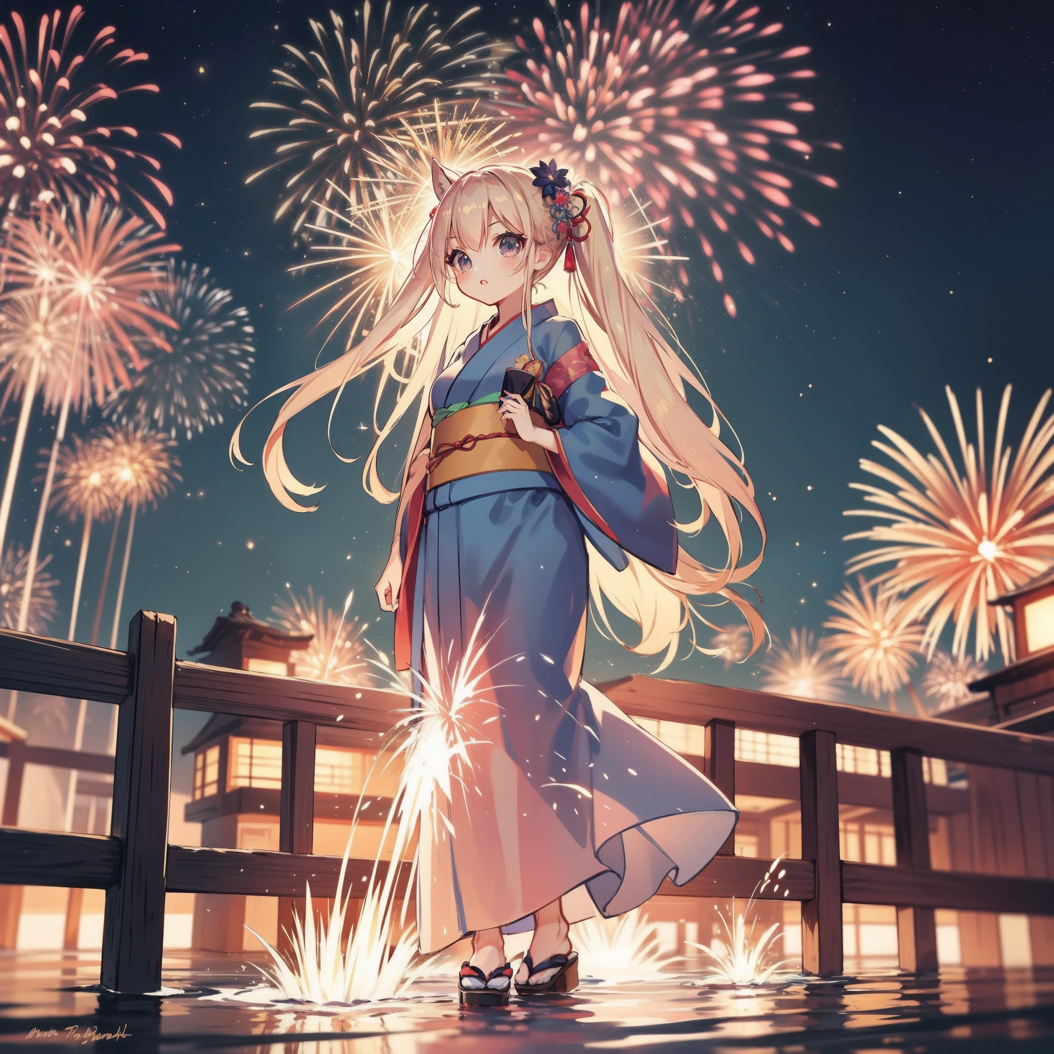 Chibi:1.8,girls,Kimono,Girl in Yukata,Blowing in the wind,Summer Festivals,BRAKE night:1.5,food stand,scenery reflected in the water,BRAKE Spirit Stream,Big  Fireworks:1.7,Fireworks in the night sky:1.8,poney Tail,action:1.6,BRAKE dynamic pose,dynamic angle,ground-level shot,low angle,full body shot,long shot,BRAKE (masutepiece: 1.3), (exquisite detailing: 1.2), Delicate and beautiful details, (Eye Detail), (Facial Detailed), (Highest Quality) :1.4), (Hyper-Resolution: 1.2), (very detailed illustration),Best Quality,depth of fields, Wide light, natural shadows