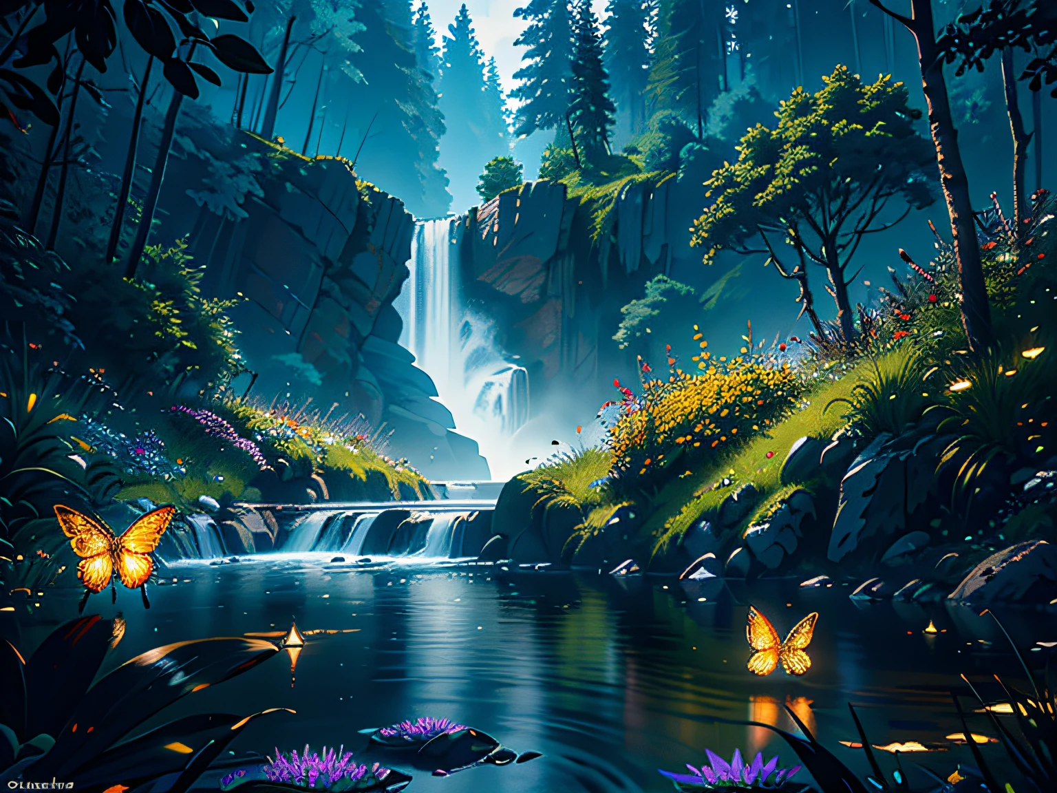 Masterpiece, incredible details, epic realistic, ultra clarity , (intricate details:1.12), (HDR:1.4), octane render, 3d render, cgi,dramatic, bokeh,
(dark shot:1.22), soft cinematic light,
Fast-flowing waterfalls, mountains, rivers, fireflies, flowers, glowing butterflies, crystal