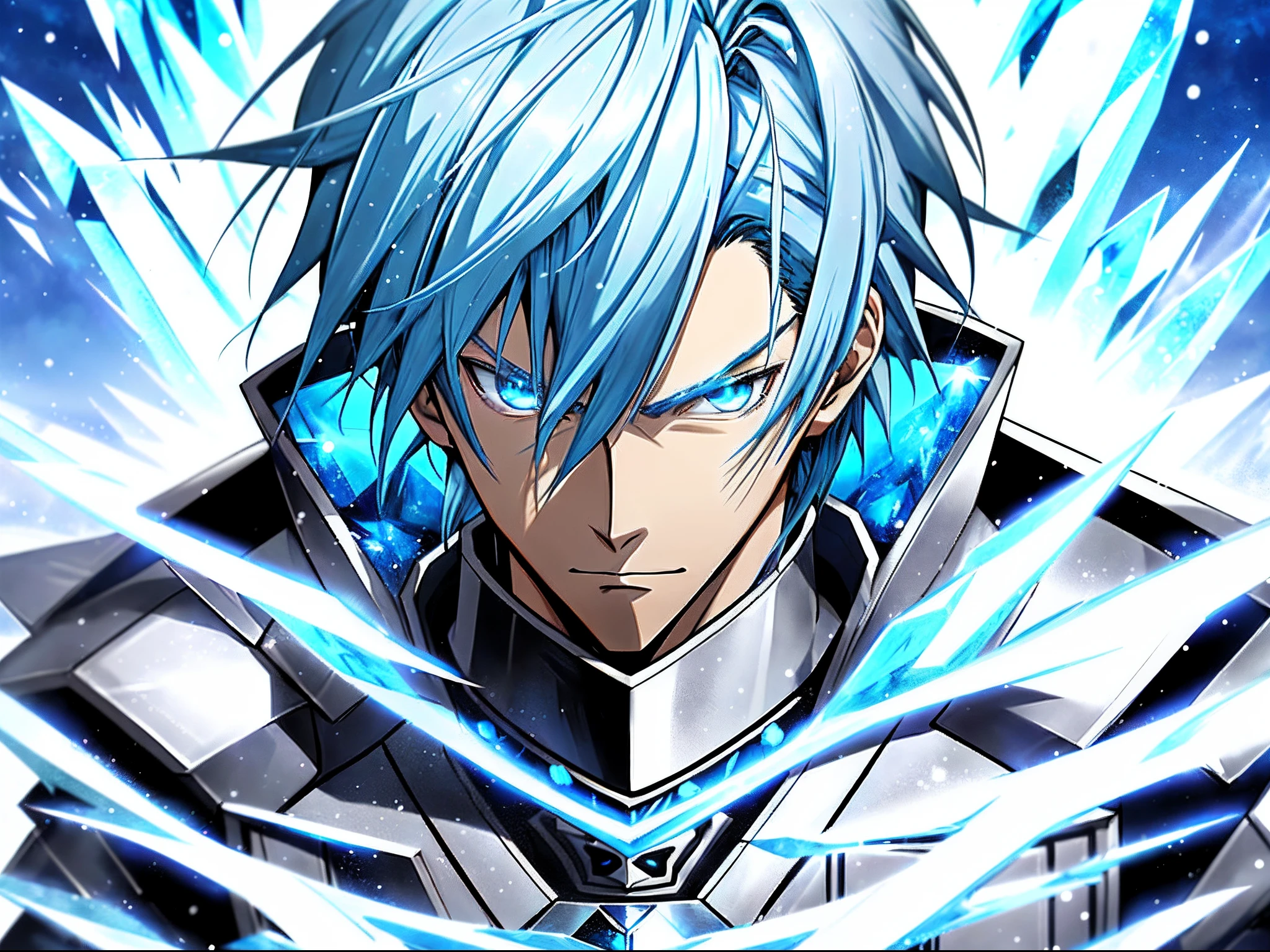 Anime characters with blue hair and blue eyes in snowy scenes, Ice Mage, Tall anime guy with blue eyes, freezing blue skin, Key anime art, Kazuto Okada。, male anime character, Ice crystal armor, Detailed key anime art, full portrait of magical knight, blue and ice silver color armor, with ice powers