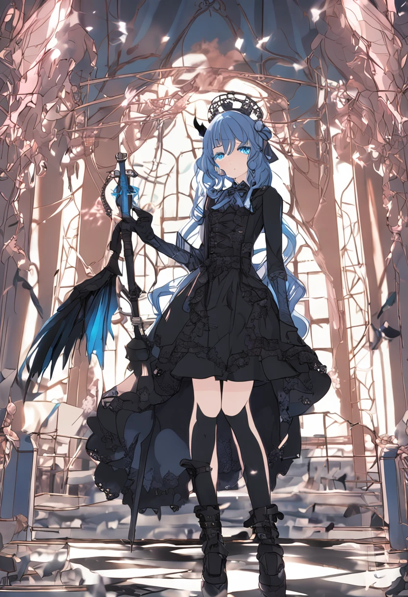 dusk, blue eyes, boots, cane, angel, wavy hair, slit pupils, gothic_ta, demon horns, dusk, miko, blue eyes, boots, cane