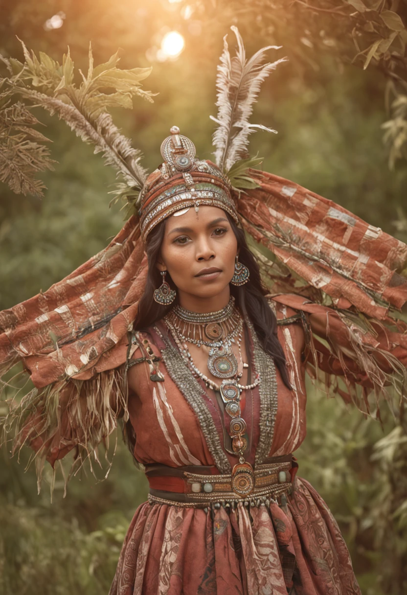 A lovely clearing during twilight, shamans in intricate ceremonial costumes. As luzes iluminam seus rostos, revealing expressions of reverence and focus. The air is filled with the smell of herbs. The atmosphere exudes a sense of ancient wisdom and connection to nature, capturado em uma pintura digital detalhada e vibrante, The image should contain several people