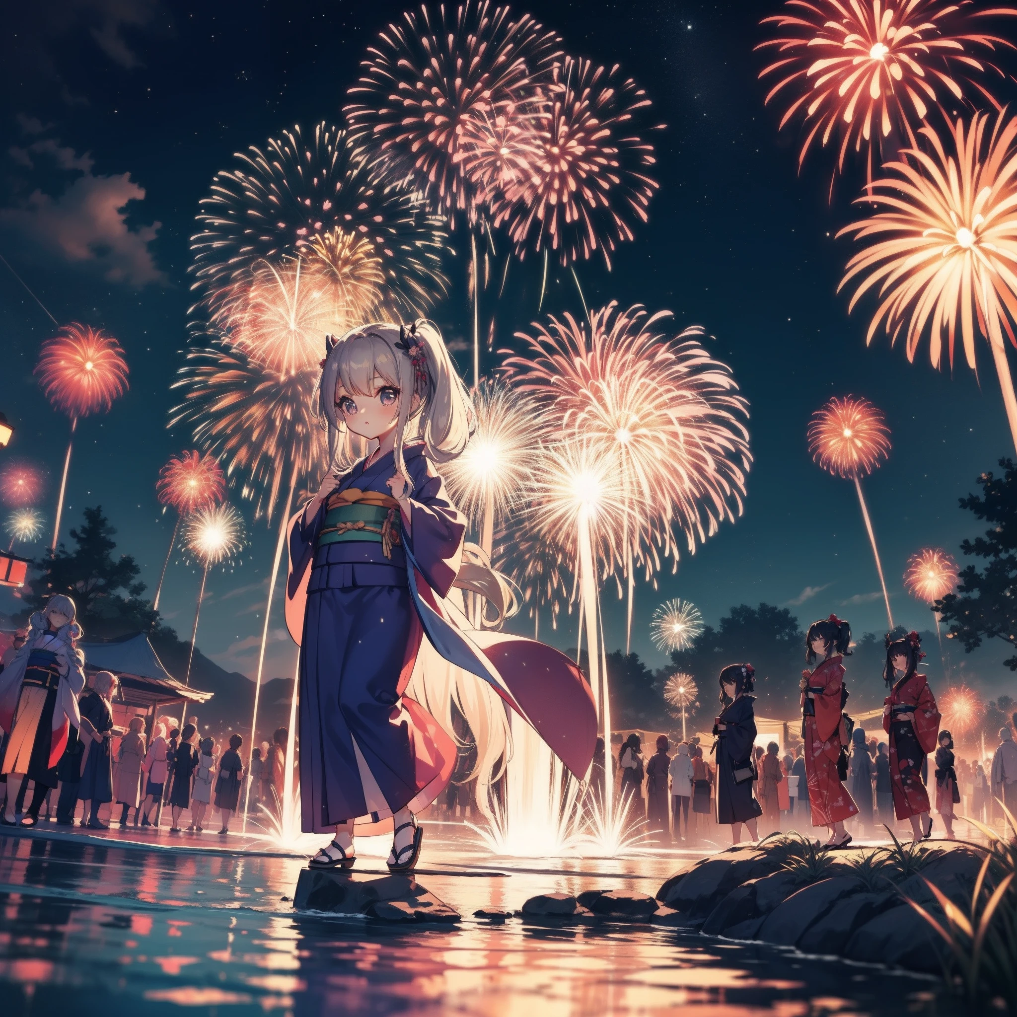 Chibi:1.8,girls,Kimono,Girl in Yukata,Blowing in the wind,Summer Festivals,BRAKE night:1.5,food stand,scenery reflected in the water,BRAKE Spirit Stream,Big  Fireworks:1.7,Fireworks in the night sky:1.8,poney Tail,action:1.6,BRAKE dynamic pose,dynamic angle,ground-level shot,low angle,full body shot,long shot,BRAKE (masutepiece: 1.3), (exquisite detailing: 1.2), Delicate and beautiful details, (Eye Detail), (Facial Detailed), (Highest Quality) :1.4), (Hyper-Resolution: 1.2), (very detailed illustration),Best Quality,depth of fields, Wide light, natural shadows