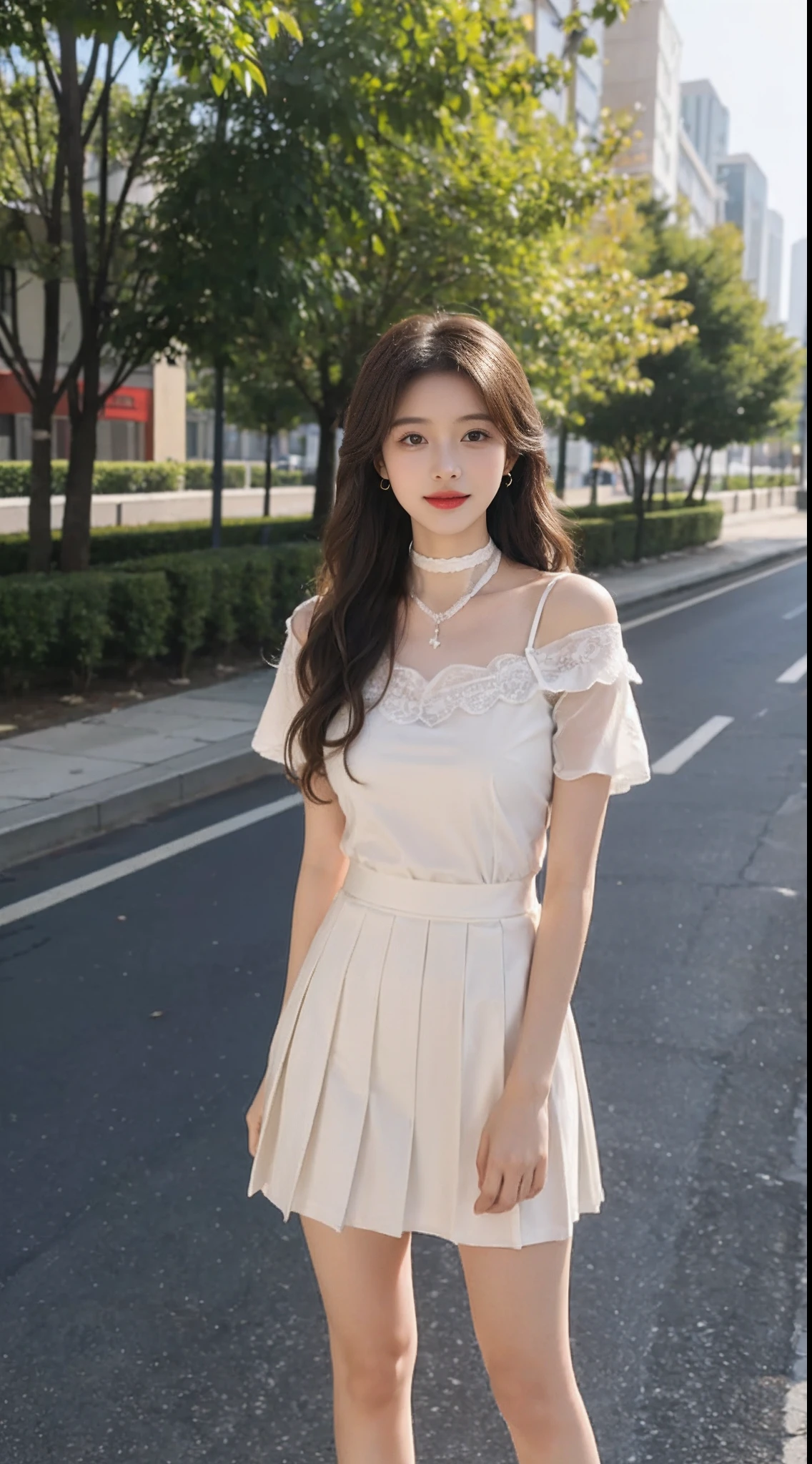 model shoot style,(The is very detailed的 CG unified 8k 壁纸),1个Giant Breast Girl,slender girl,ssmile,Best quality at best,(tmasterpiece:1.1),Watch by others,Brown hair long,Yellow sheer skinny panels tulle lace-wrapped T-shirt,Hosiery,White background wall,white backgrounid,A girl with long hair,Long brown wavy hair,a beauti,On the street by the Yan River,Wearing a pleated skirt,中景 the scene is,natta,There are moons,lipsticks,ssmile,Beautiful figure,slenderness,in a panoramic view,high definition detail,choker necklace,eardrop,Hide your hands behind your back
