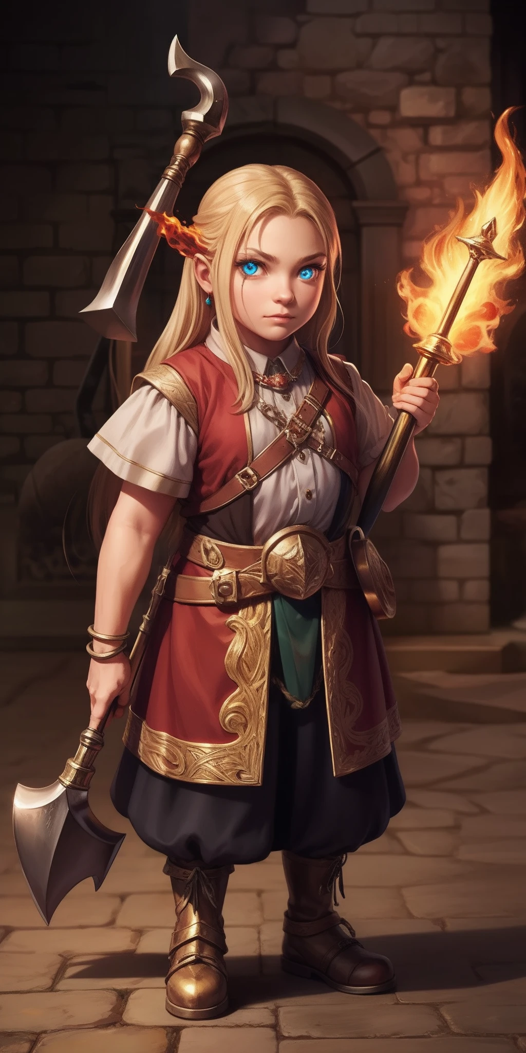 A dwarf with fiery eyes, With a huge magic hammer, Metallic skin