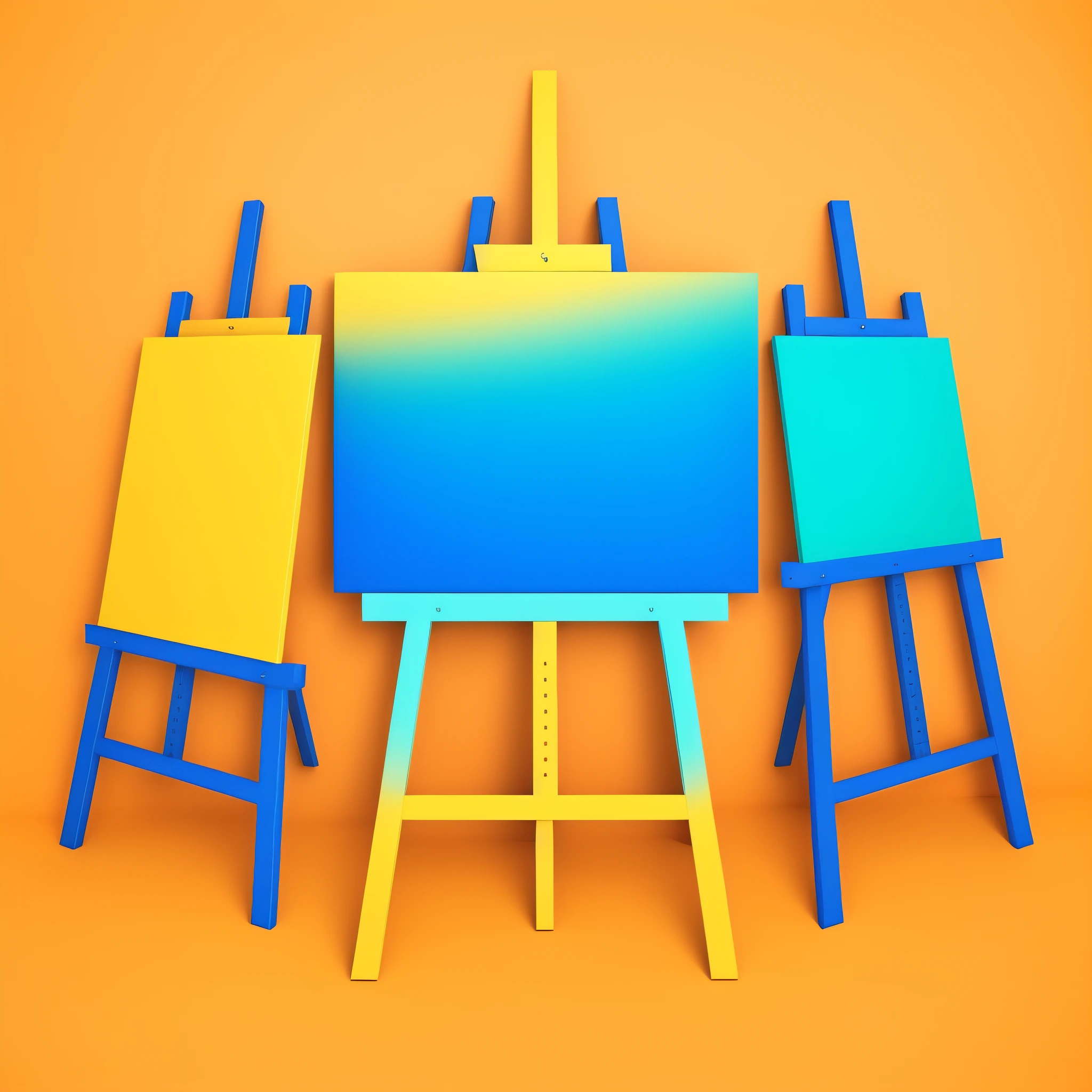 Make a "Flat In 3D" style background with this image. Reveal the perfection of the image. Cores alaranjando, amarelo, azul e uva. Quadros na parede. Pessoas admirando os quadros e rindo.