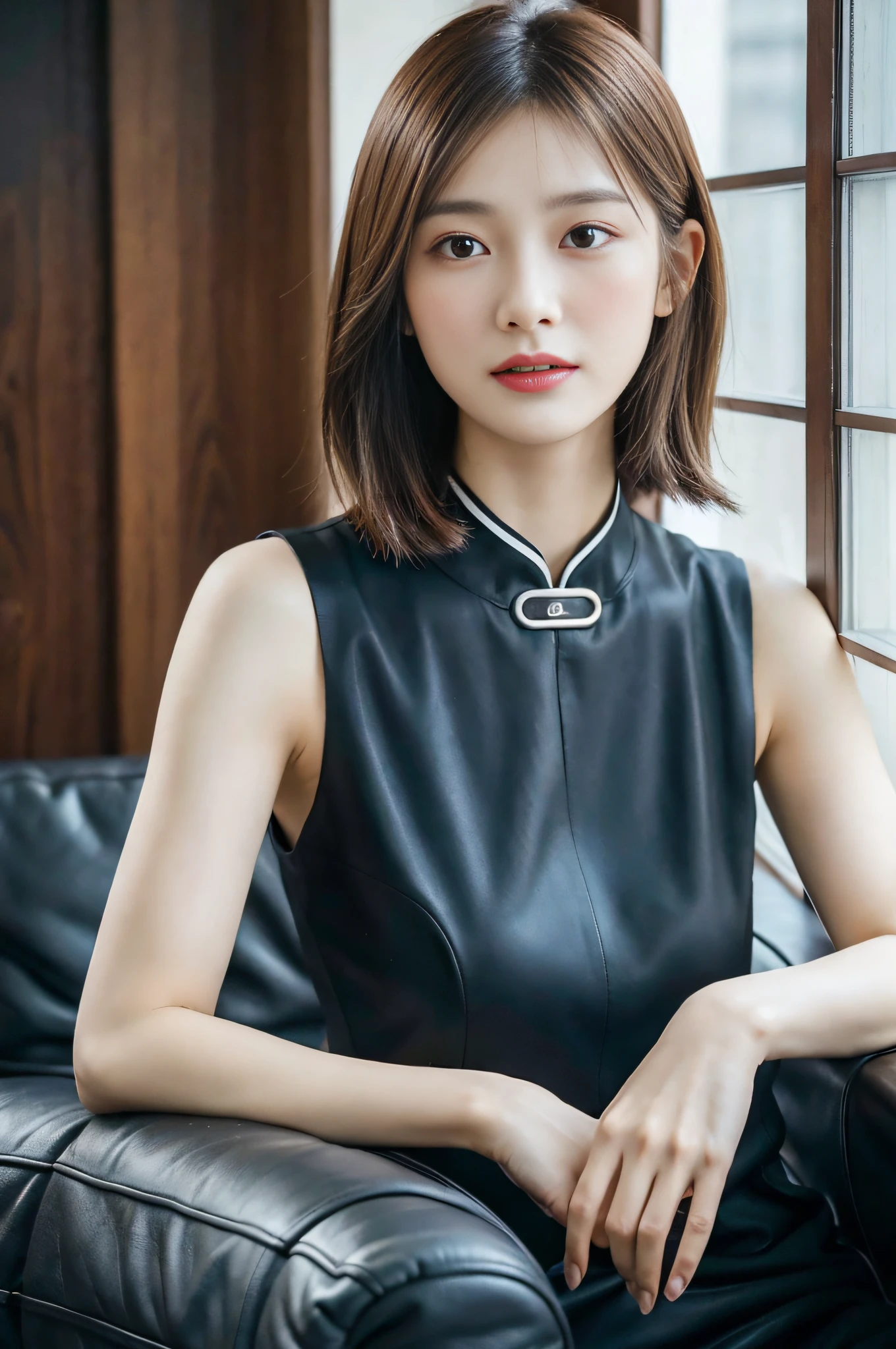 primitive,tmasterpiece,ultra fine photos,best qualtiy,超A high resolution,Photoreality,rays of sunshine,portrait of a full body,stunningly beautiful,,dynamicposes,delicated face,Vibrant eyes,(Seen from the side),Exquisite cheongsam,on cheongsam,cropped shoulders,Delicate head flowers,Sit on a leather sofa,highly detailed back ground,A detailed face,Detailed and complex busy background,slovenly,opulent,milkyW,highly detailedskin,Realistic details of skin,Visible Pore,tack sharp focus,Volume Fog,8K UHD,dslr camera,high quarity,film grains,White skin of the,photorealisim,nffsw,A huge metropolis in a futuristic dystopia , look from down, semi transparent