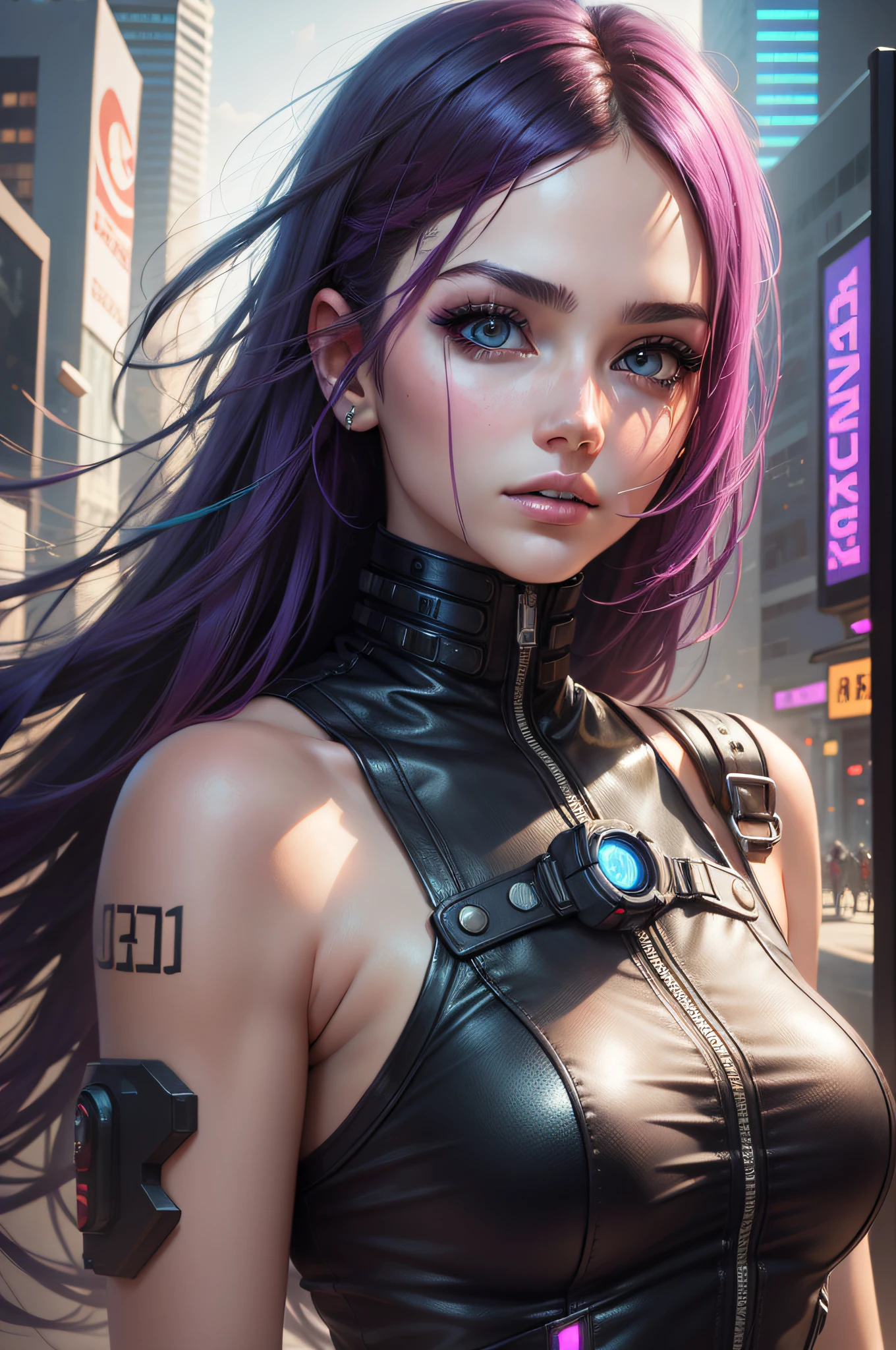 Award-winning photo from the waist up, purple-haired woman showing her face, alone, from the torso up, with cybernetic enhancements with tattoo of magical symbols, in front of cyberpunk buildings, vibrant, photorealistic, hyperrealism, strong impressionist painting style, 1,618, elegant, ethereal, intricate, elaborate, hyper-realism, hyper-detailed, strong expressiveness and emotionality, cinematic lighting, visual clarity