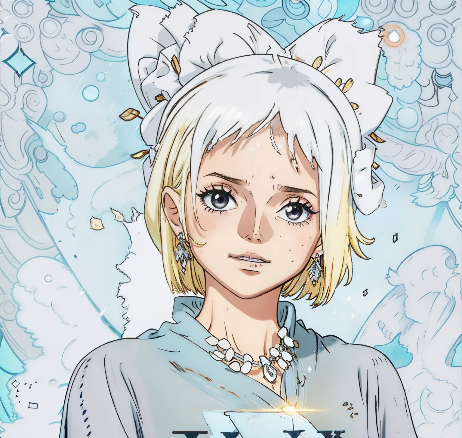 White skin,delight,Small elegant gray shawl,There is light in the eyes