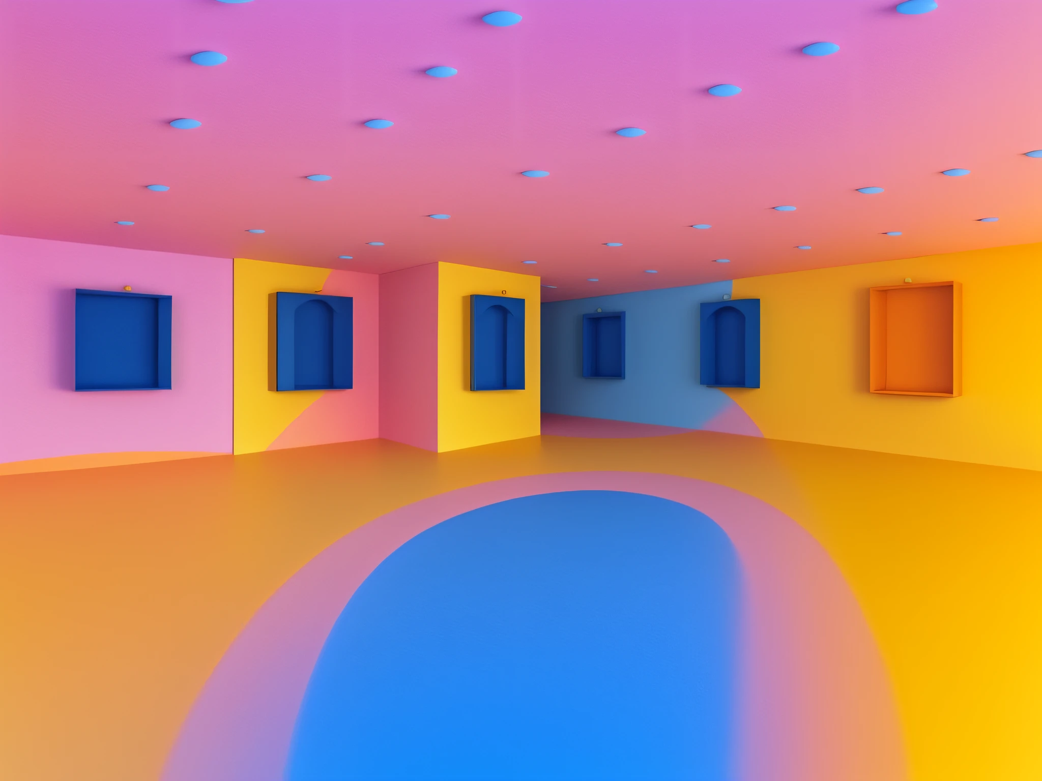 Make a "Flat In 3D" style background with this image. Reveal the perfection of the image. Cores alaranjando, amarelo, azul e uva. Quadros na parede. Pessoas admirando os quadros e rindo.