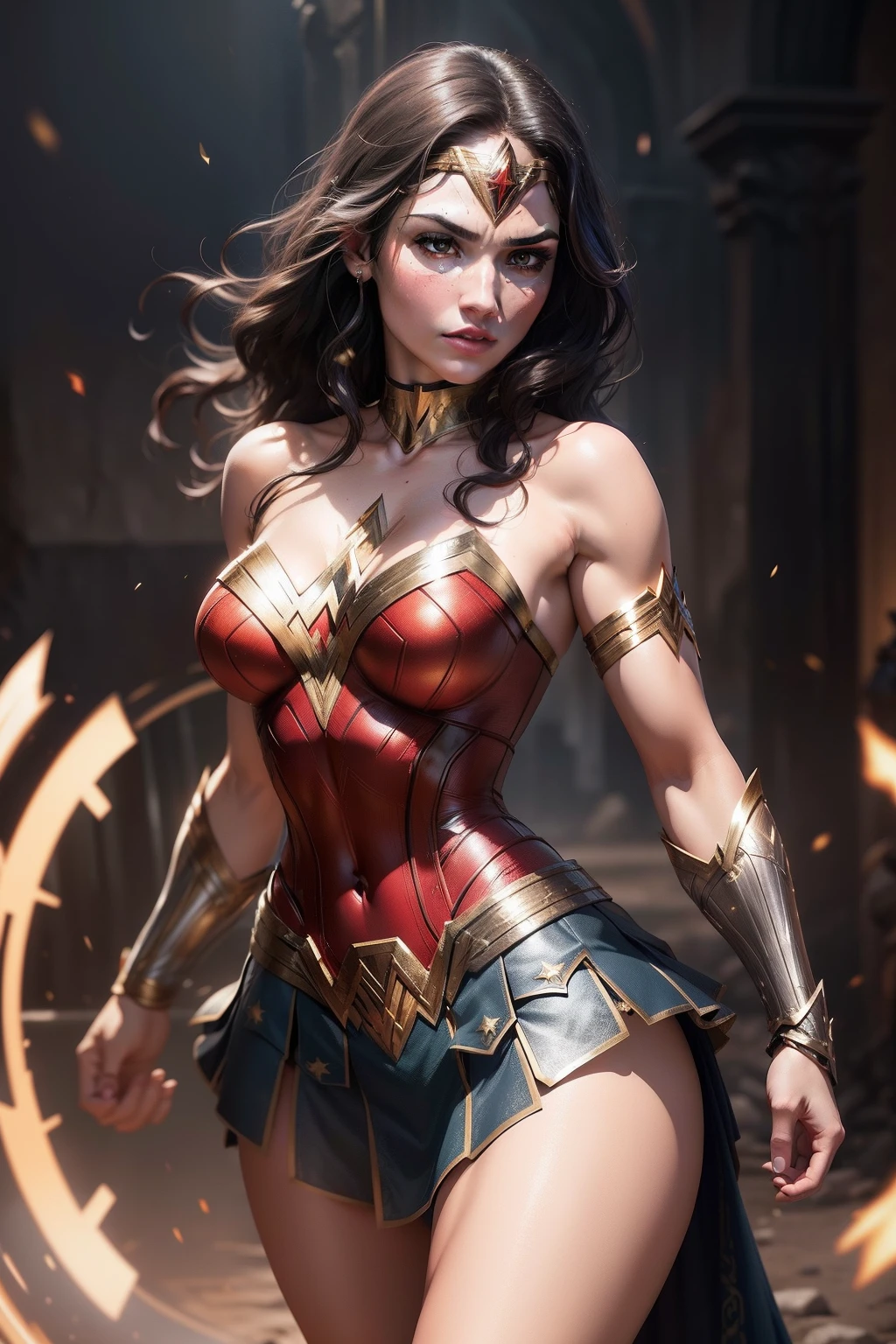 (Highest quality,4K,High resolution:1.2),Very detailed,(Realistic:1.37),Beautifully structured scenes,Dramatic lighting, Wonder Woman from a close-up shot in DC, Twisted space, twisted undead in the background,lens blur,Light Shaft, intricate and complex details, Volumetric lighting, 4K Rendering, Stock Photo, hyperRealistic texture, HDR lighting effects, Unreal Engine,SHY SMILE,Standing gracefully、Blonde long hair、Long hair that reaches down to the toes、((Removing the bulletproof guard from the hand、Removing the bulletproof guard from the left hand with the right hand:1.3))、Undressing、Removing the hand attachment、Take off only the upper body、Starts taking off costume、Embarrassed to take off