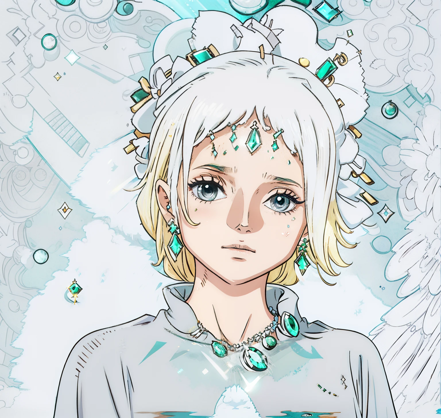 White skin,delight,Small elegant gray shawl,There is light in the eyes,Emerald necklace