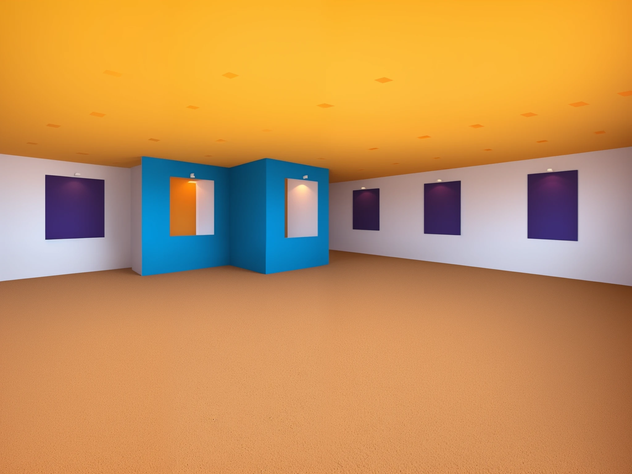 Make a "Flat In 3D" style background with this image. Reveal the perfection of the image. Cores alaranjando, amarelo, azul e uva. Putting several pictures on the wall and some people seeing the pictures and laughing.