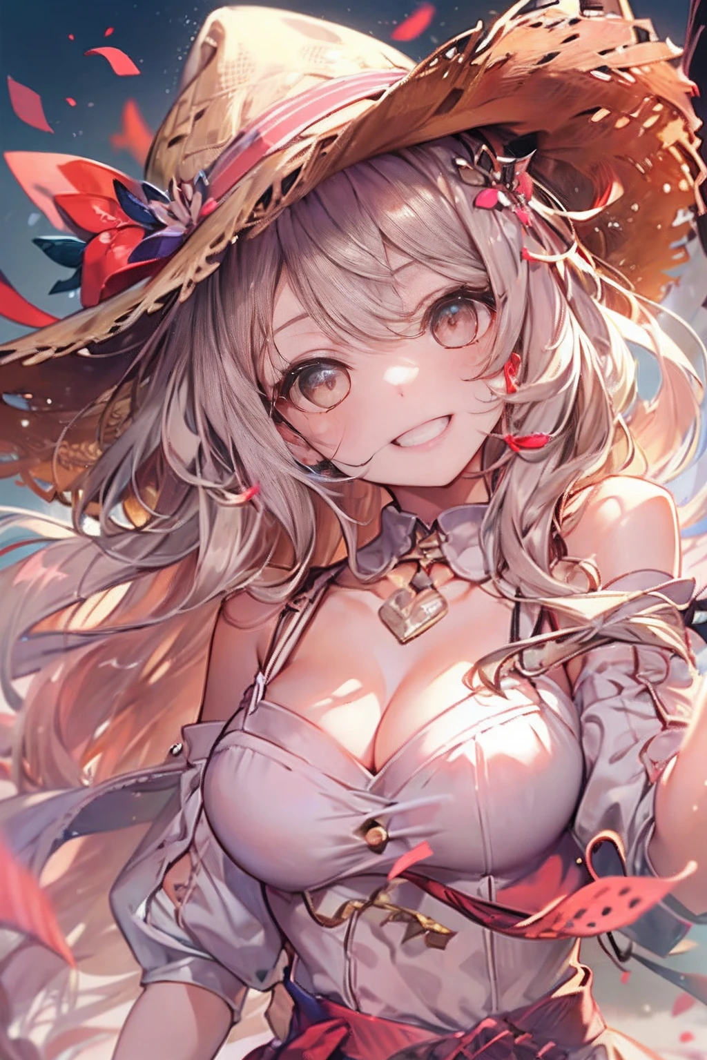 (((masterpiece)))、(((top-quality)))、((ultra-detailliert))、(illustratio)、((extremely delicate and beautiful))、Bright smile、floating、(Detailed light) (1girl in)、、独奏、The long-haired、The wind is blowing、A WORLD、(cute eye)Wizard Hat, red blush, blush stickers, cleavage of the breast, bare shoulders, doress, off shoulders, cowboy shot, is standing, A smile, deph of field,