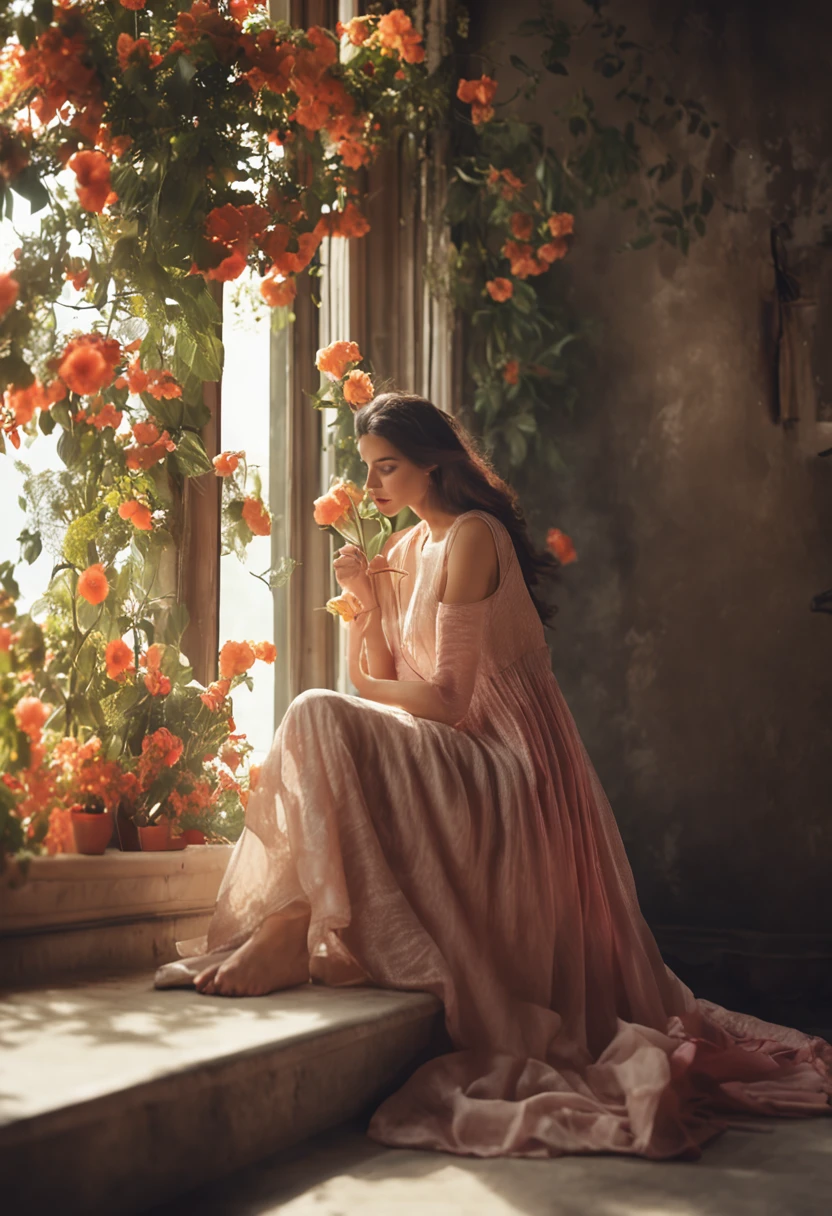 A handsome man stands from below to give flowers to a beautiful woman with long hair sitting on the windowsill, Long flowing silk texture dress fabric, Clear and blissful faces, details, ultra-realistic photos, 8kUHD DSLR camera, sunny garden, high quality, cinematic texture, beautiful