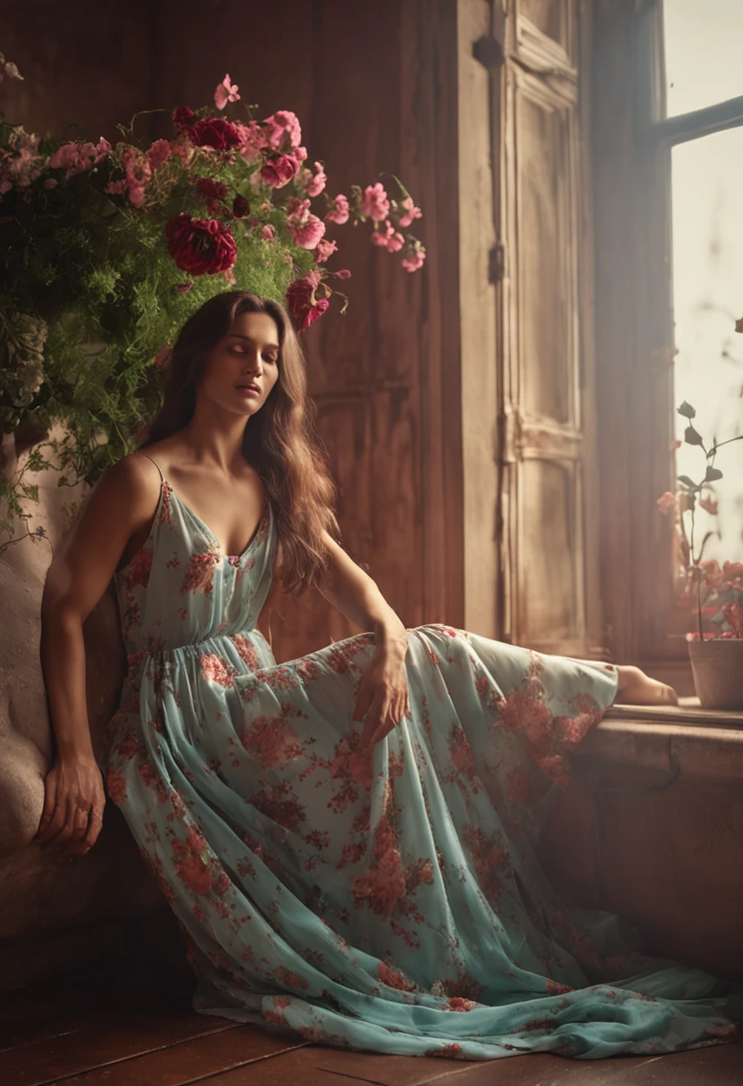 A handsome man stands from below to give flowers to a beautiful woman with long hair sitting on the windowsill, Long flowing silk texture dress fabric, Clear and blissful faces, details, ultra-realistic photos, 8kUHD DSLR camera, sunny garden, high quality, cinematic texture, beautiful