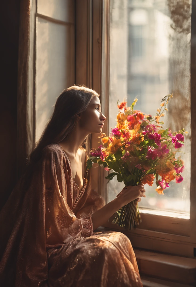 A handsome man stands from below to give flowers to a beautiful woman with long hair sitting on the windowsill, Long flowing silk texture dress fabric, Clear and blissful faces, details, ultra-realistic photos, 8kUHD DSLR camera, sunny garden, high quality, cinematic texture, beautiful