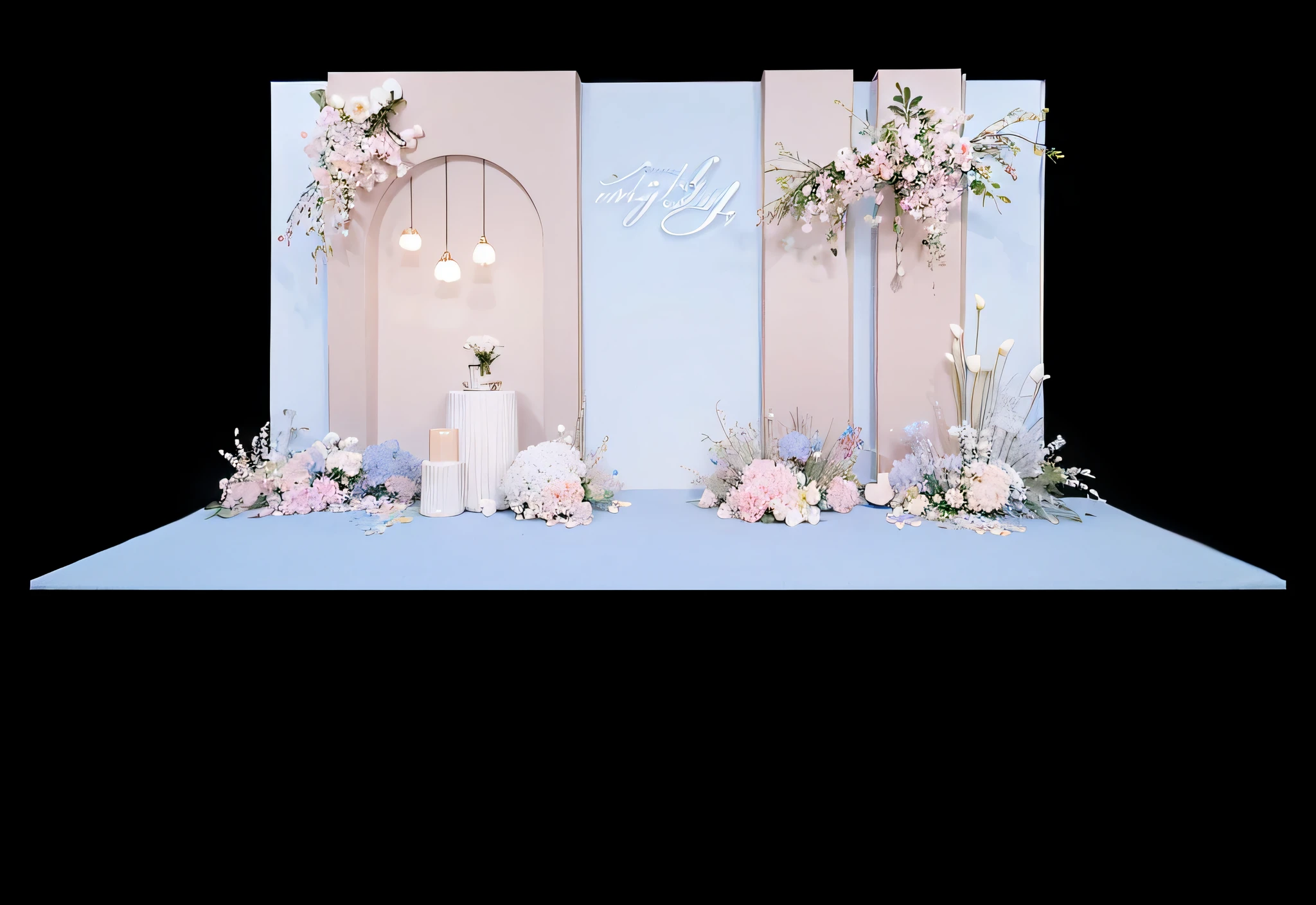 opulent ，Beautiful rendering，hyper HD，Hyper-realistic，，French wedding scene，CG rendering，lavishly decorated，enscape render，，Luxurious crystal ceiling，Wedding，opulent，high qulity，with details，Oil painting feeling，florals，Powder blue color scheme，No characters