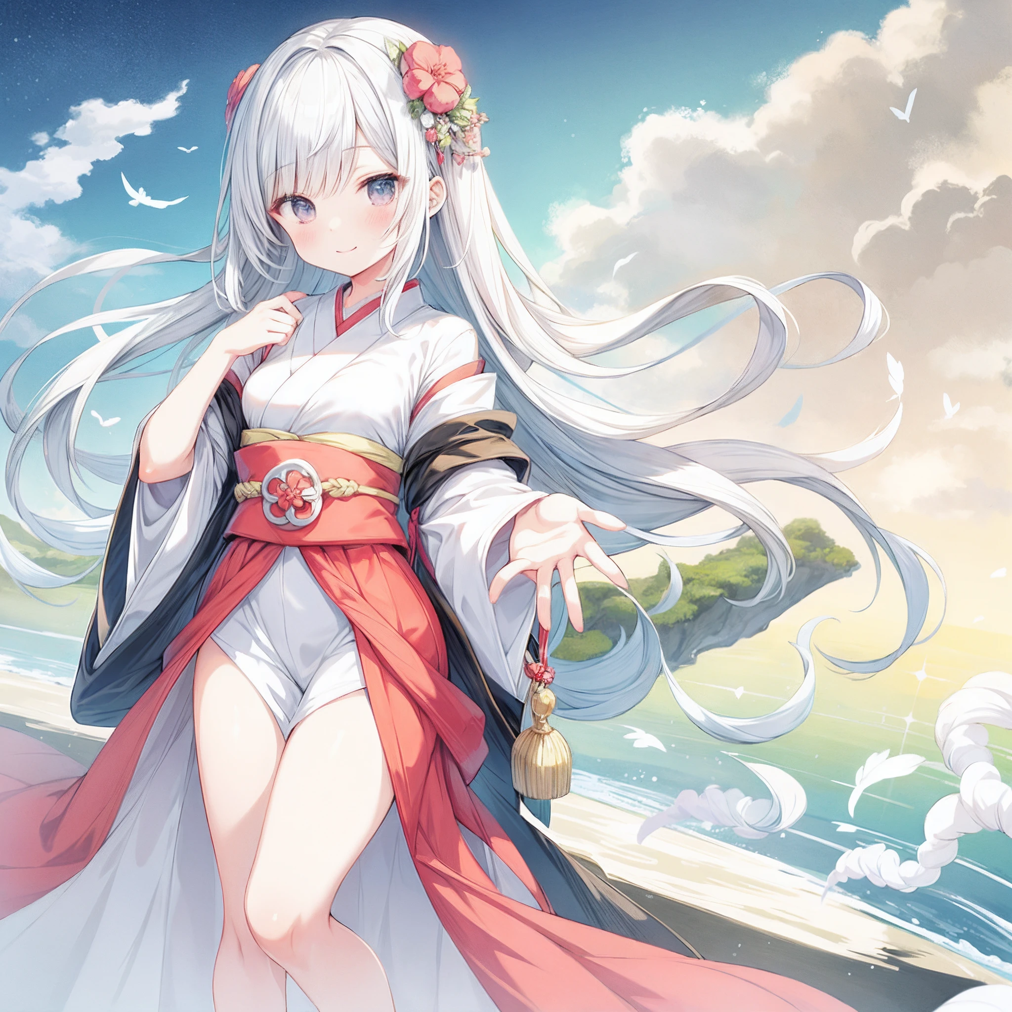 Painting of a woman in a kimono dress surrounded by the sea, Archaic Smile, Look up to heaven with open arms, Long silver hair, goddess of the sea, goddess of Japan, beautiful anime artwork, japanese art style, Gracefully stand on the sea, serene illustration, beautiful anime art, Anime Illustration, anime beautiful peace scene, anime fantasy illustration, Japan Art Nouveau Anime