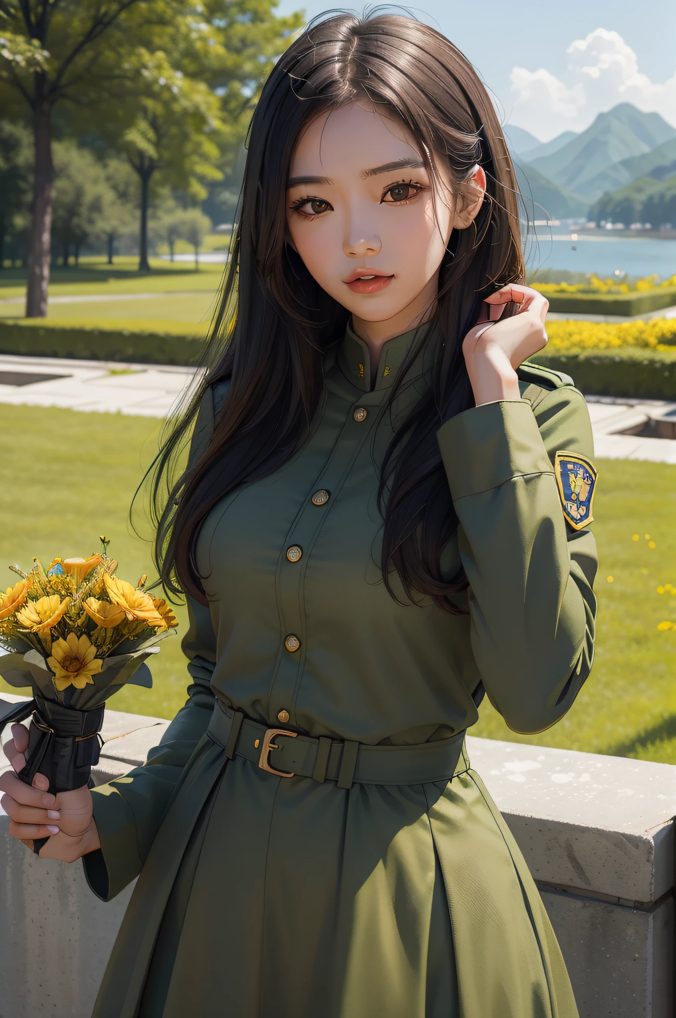 Woman in green dress holding a bouquet of yellow flowers, in a soldier uniform, girl in uniform, military girl, in a soldier uniform, Korean girl, close up portrait shot, beautiful Korean women, in a soldier uniform, army suit, soldier outfit, With flowers, soldier girl, portrait of cute soldier girl, in a soldier uniform, waist up portrait, Chinese girl